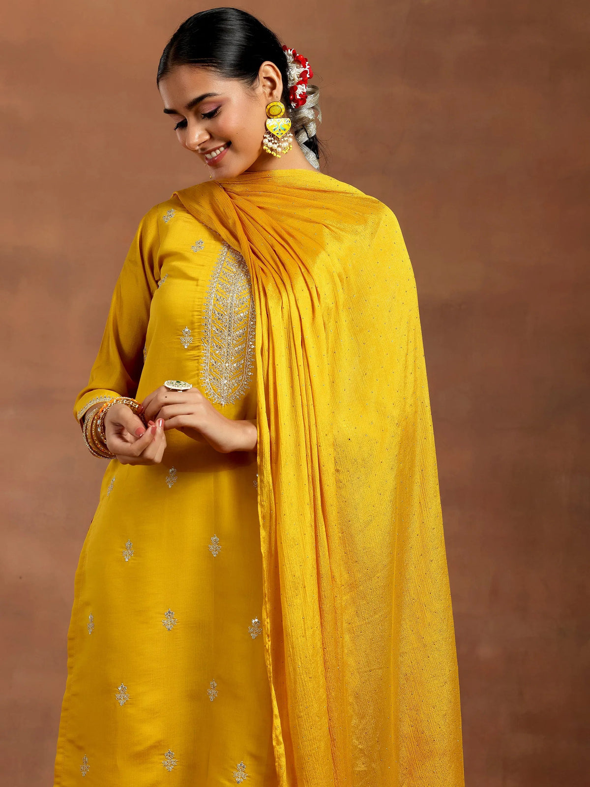 Anouk Mustard Embroidered Silk Blend Straight Suit With Dupatta