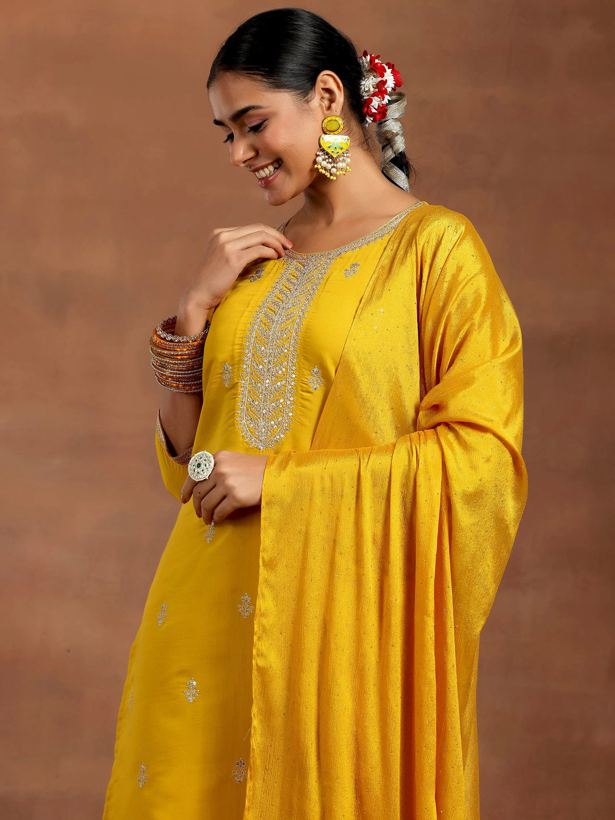 Anouk Mustard Embroidered Silk Blend Straight Suit With Dupatta