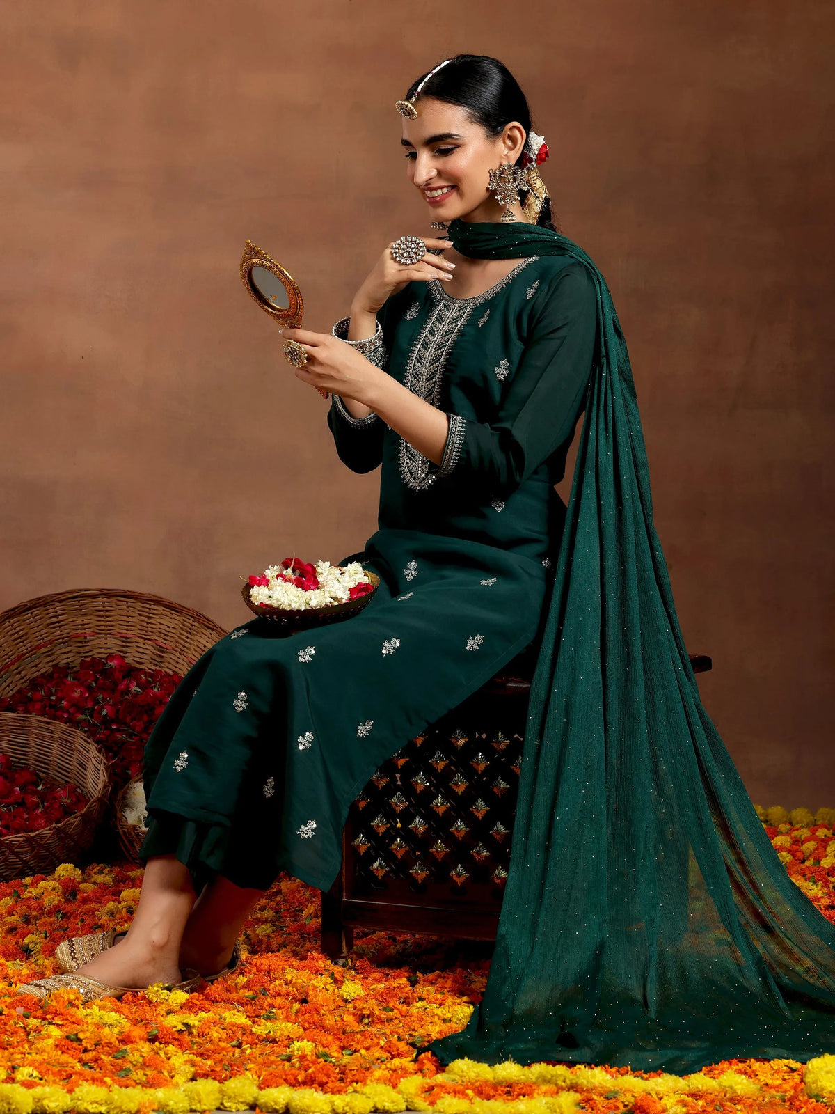Anouk Green Embroidered Silk Blend Straight Suit With Dupatta