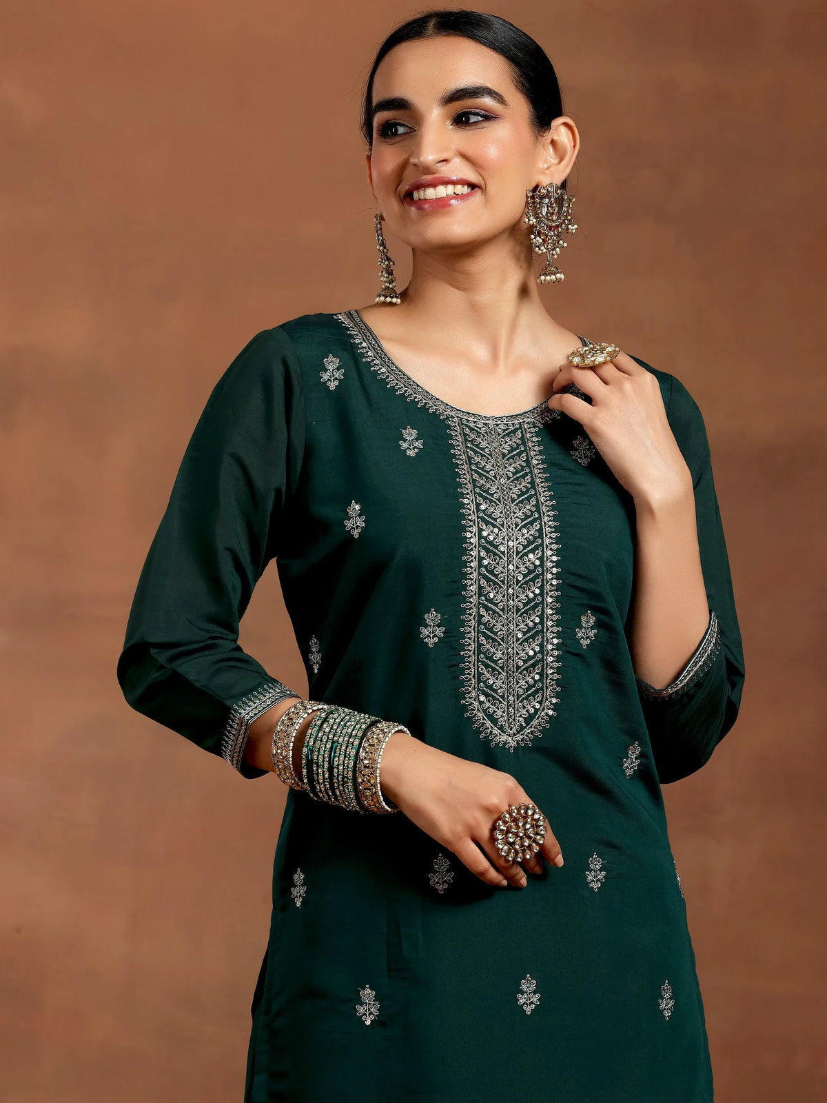 Anouk Green Embroidered Silk Blend Straight Suit With Dupatta