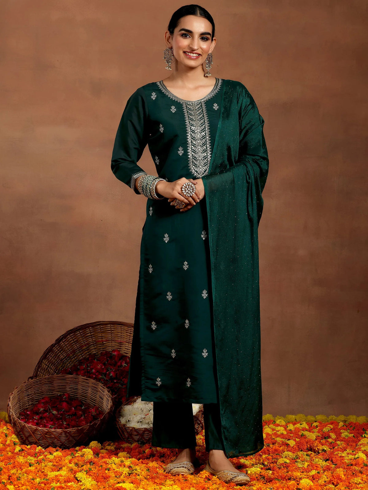 Anouk Green Embroidered Silk Blend Straight Suit With Dupatta
