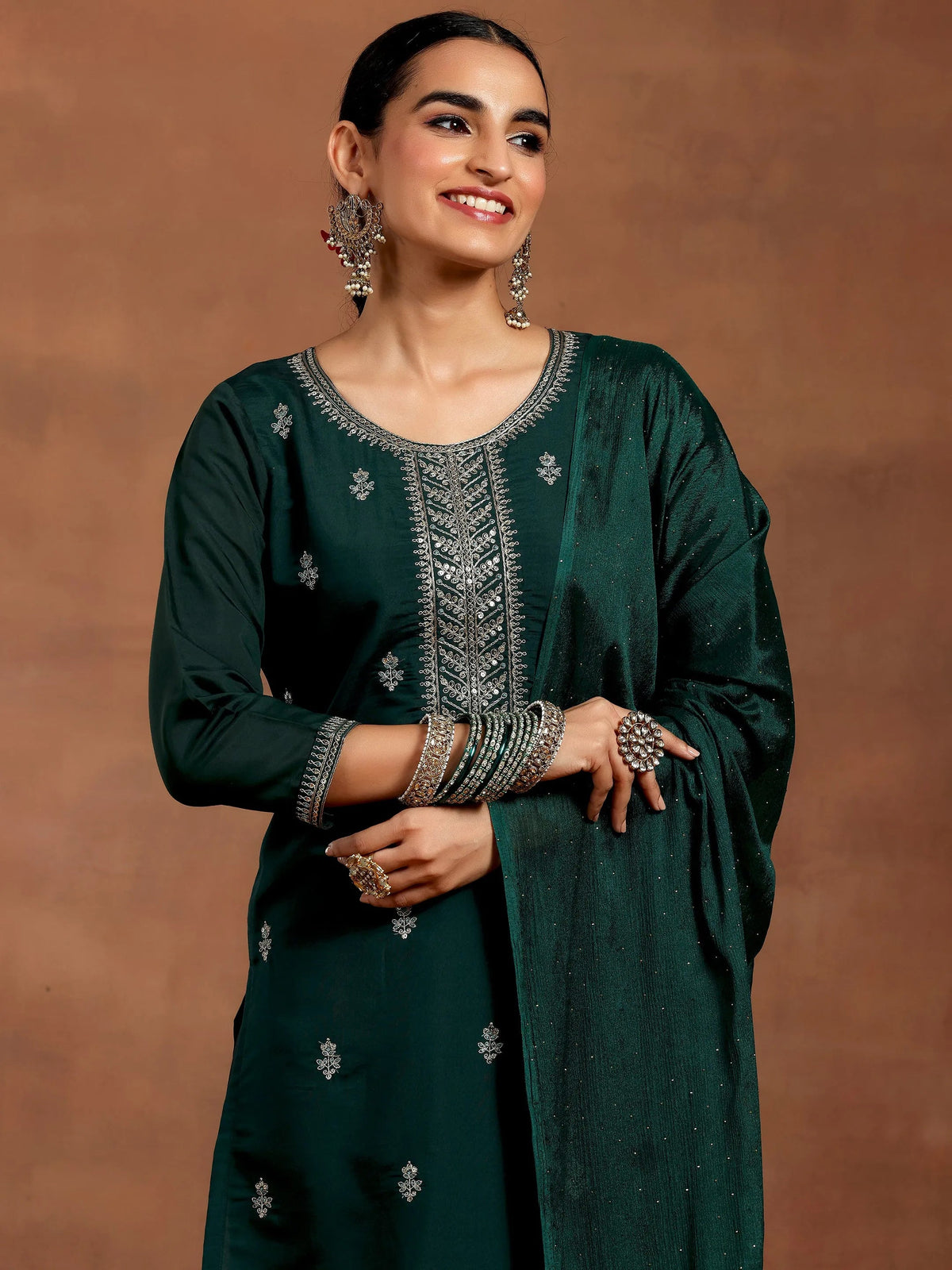 Anouk Green Embroidered Silk Blend Straight Suit With Dupatta
