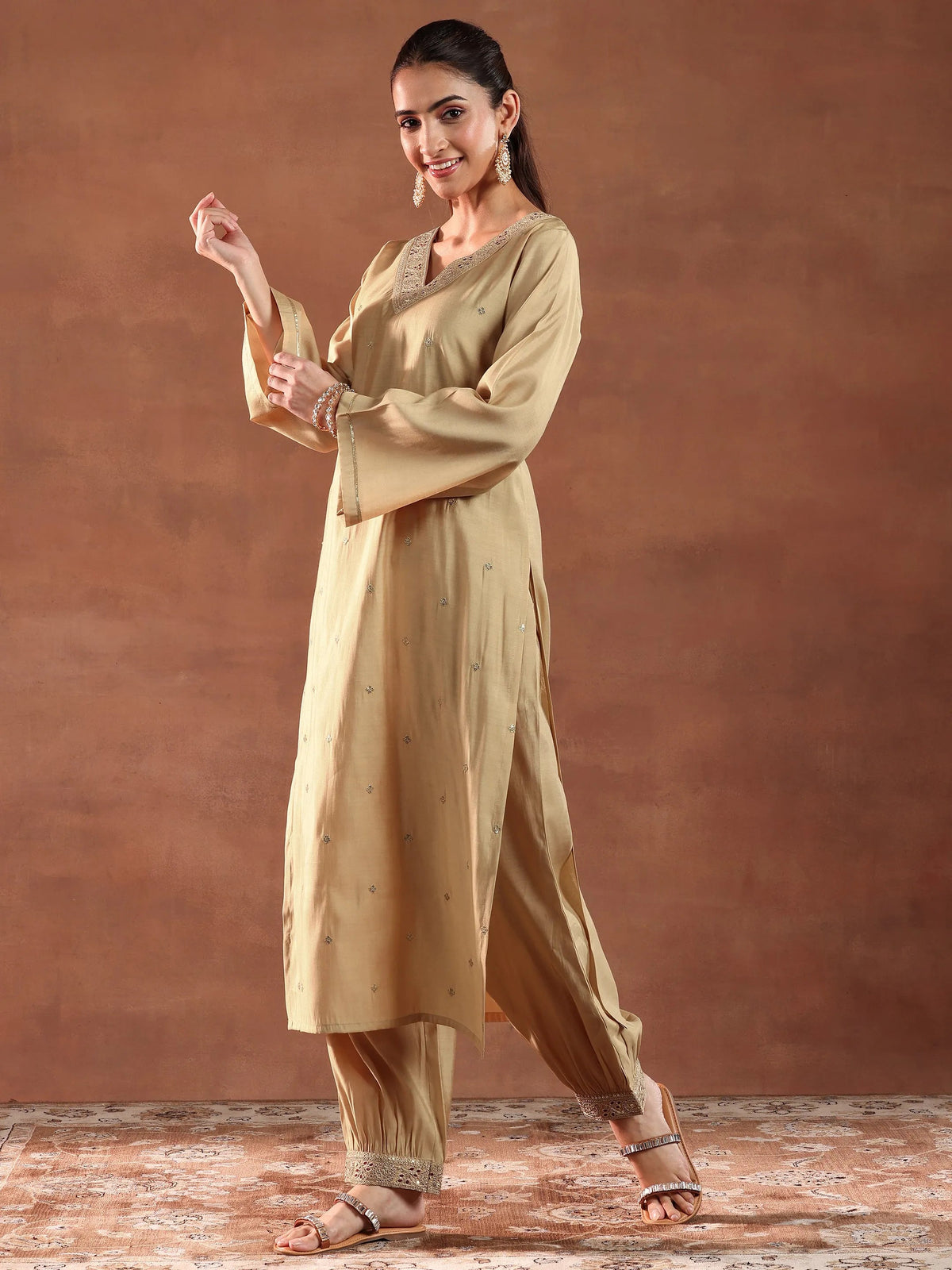 Anouk Beige Embroidered Silk Blend Straight Suit With Dupatta