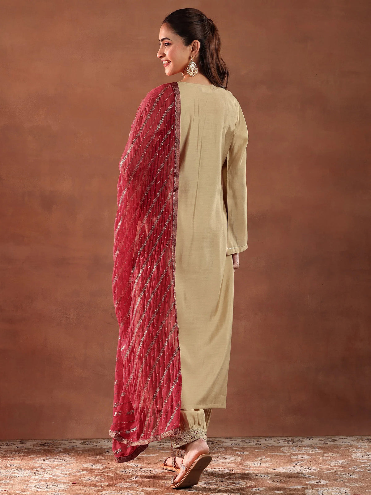 Anouk Beige Embroidered Silk Blend Straight Suit With Dupatta