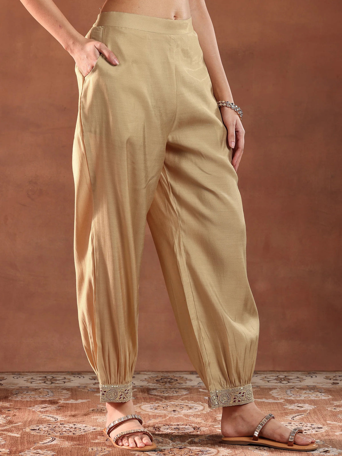 Anouk Beige Embroidered Silk Blend Straight Suit With Dupatta