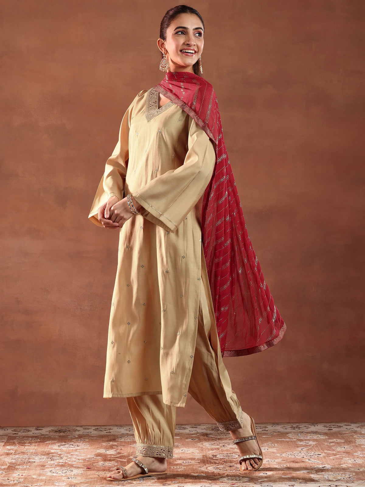 Anouk Beige Embroidered Silk Blend Straight Suit With Dupatta