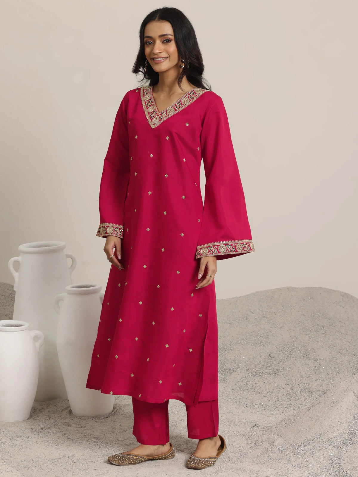 Anouk Red Embroidered Silk Blend Straight Suit Set With Dupatta
