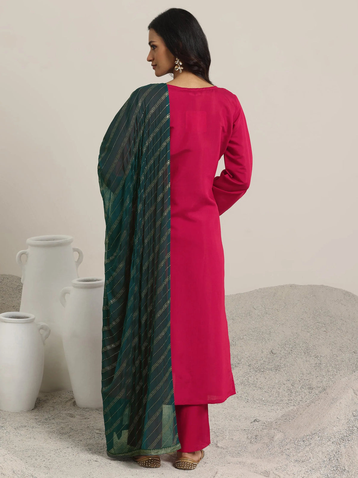 Anouk Red Embroidered Silk Blend Straight Suit Set With Dupatta