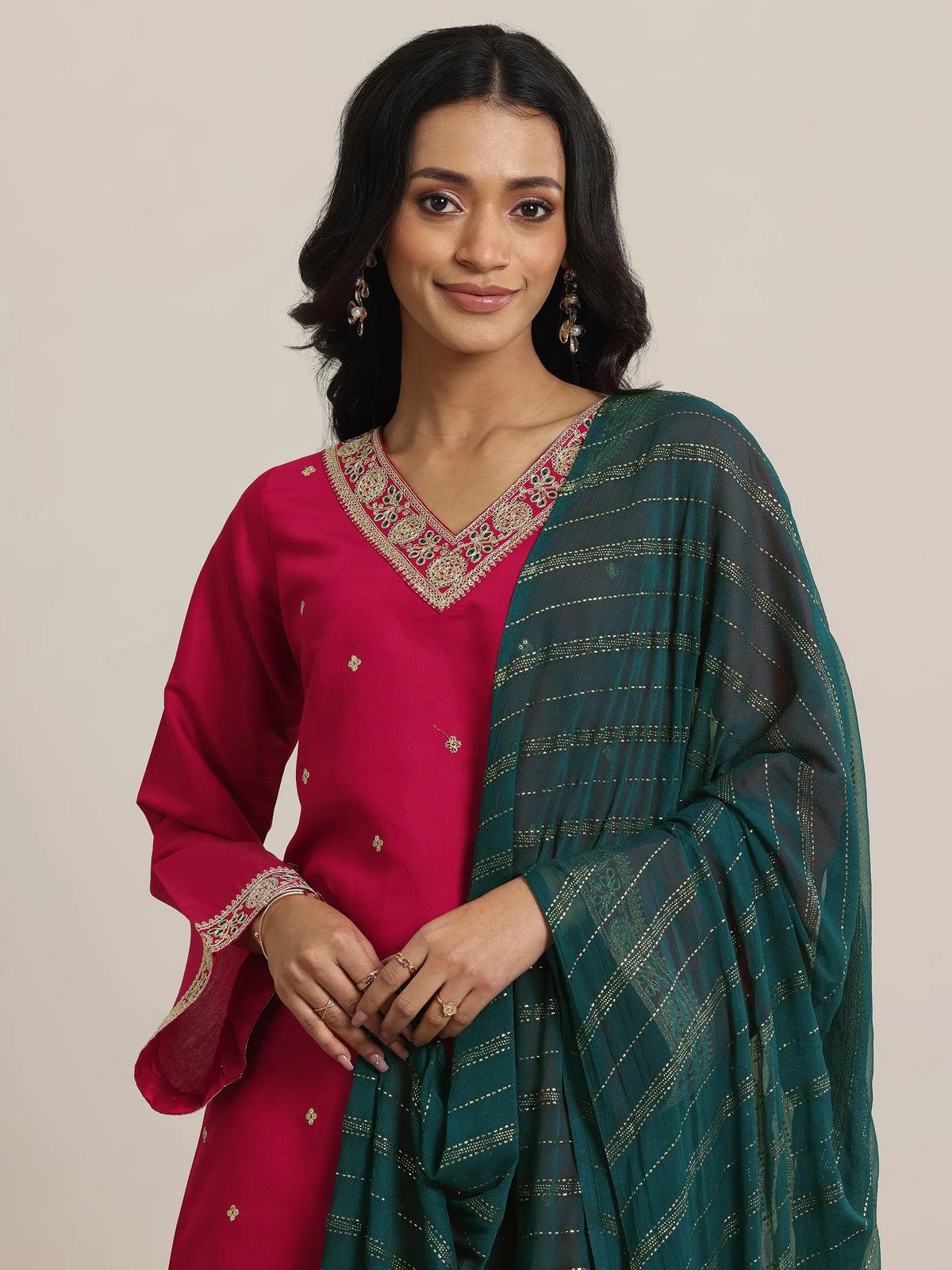 Anouk Red Embroidered Silk Blend Straight Suit Set With Dupatta