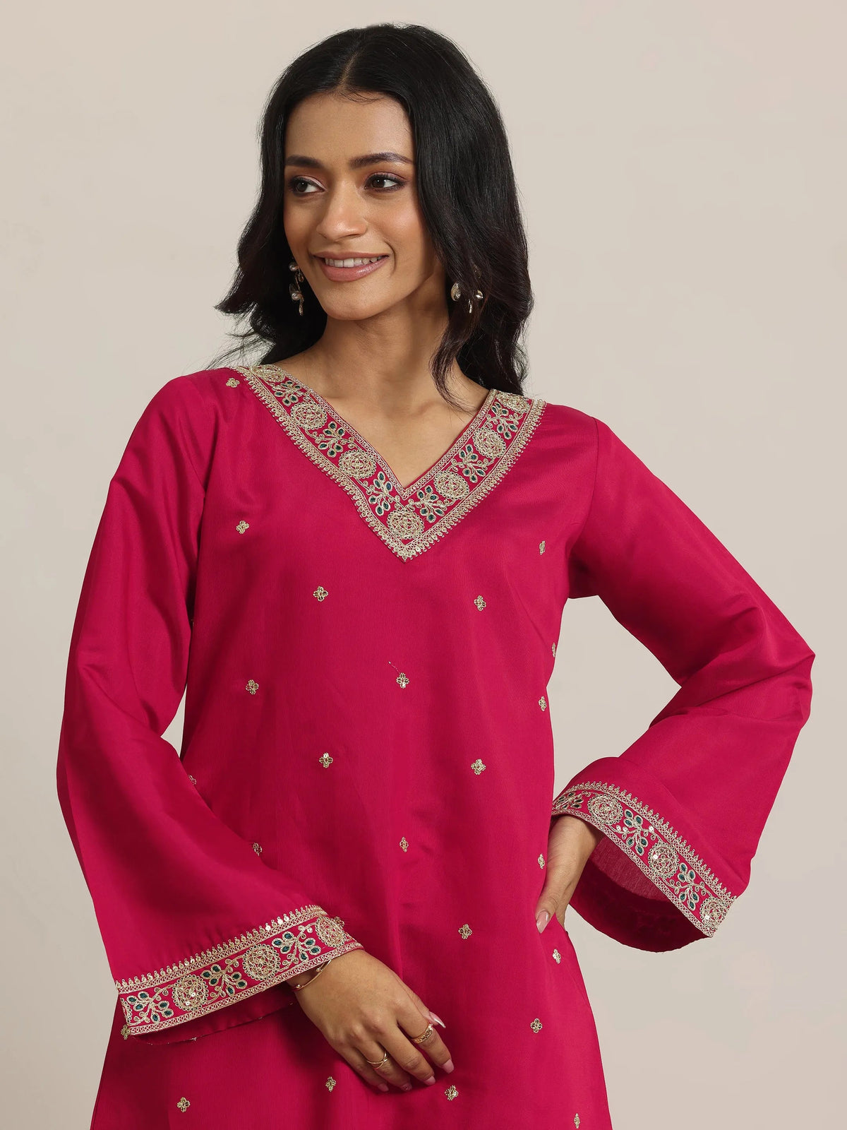 Anouk Red Embroidered Silk Blend Straight Suit Set With Dupatta