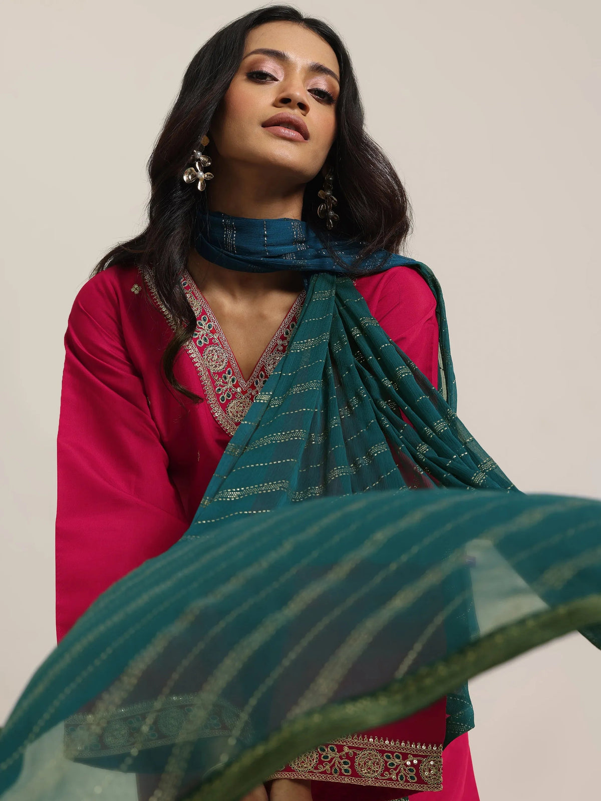Anouk Red Embroidered Silk Blend Straight Suit Set With Dupatta