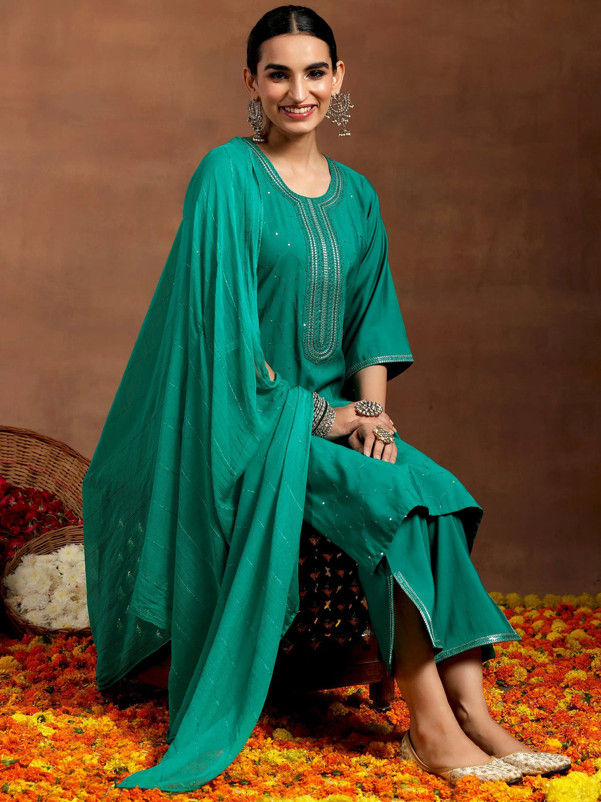 Anouk Rama Green Embellished Silk Blend Straight Suit With Dupatta