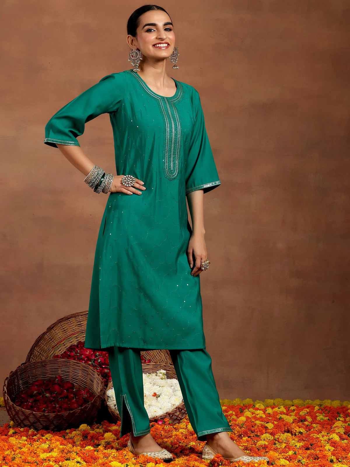 Anouk Rama Green Embellished Silk Blend Straight Suit With Dupatta
