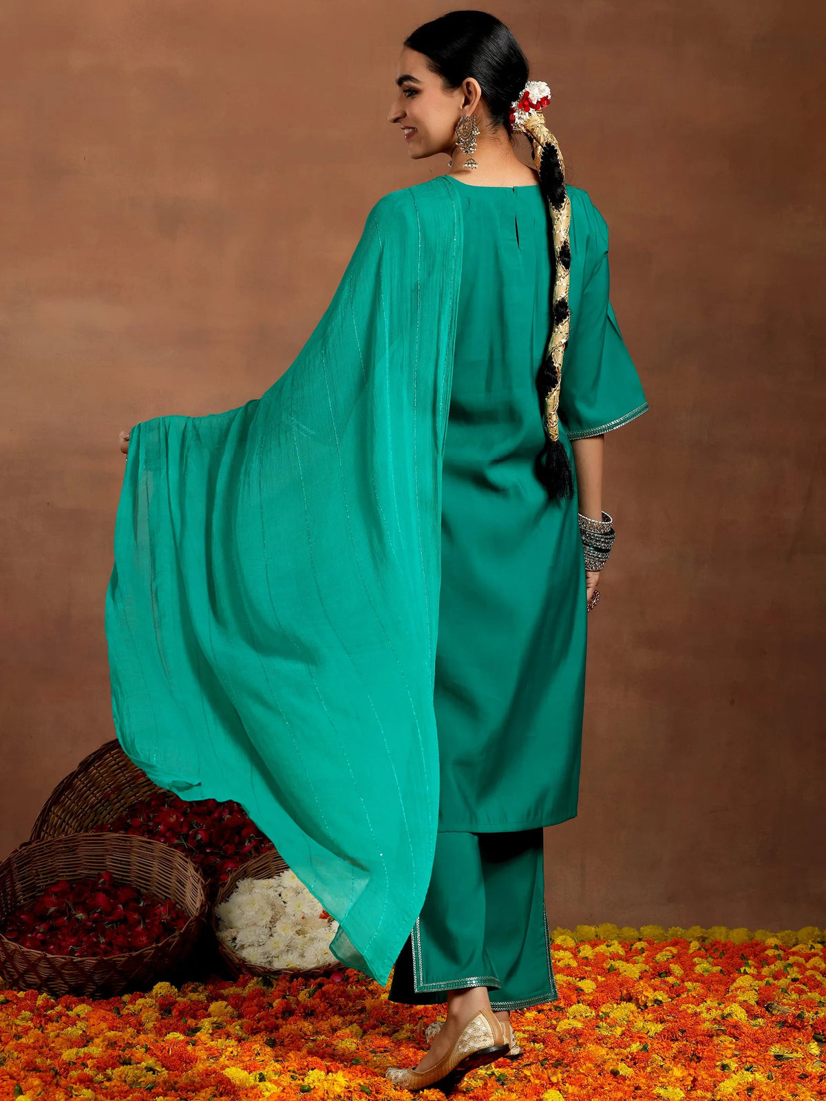 Anouk Rama Green Embellished Silk Blend Straight Suit With Dupatta