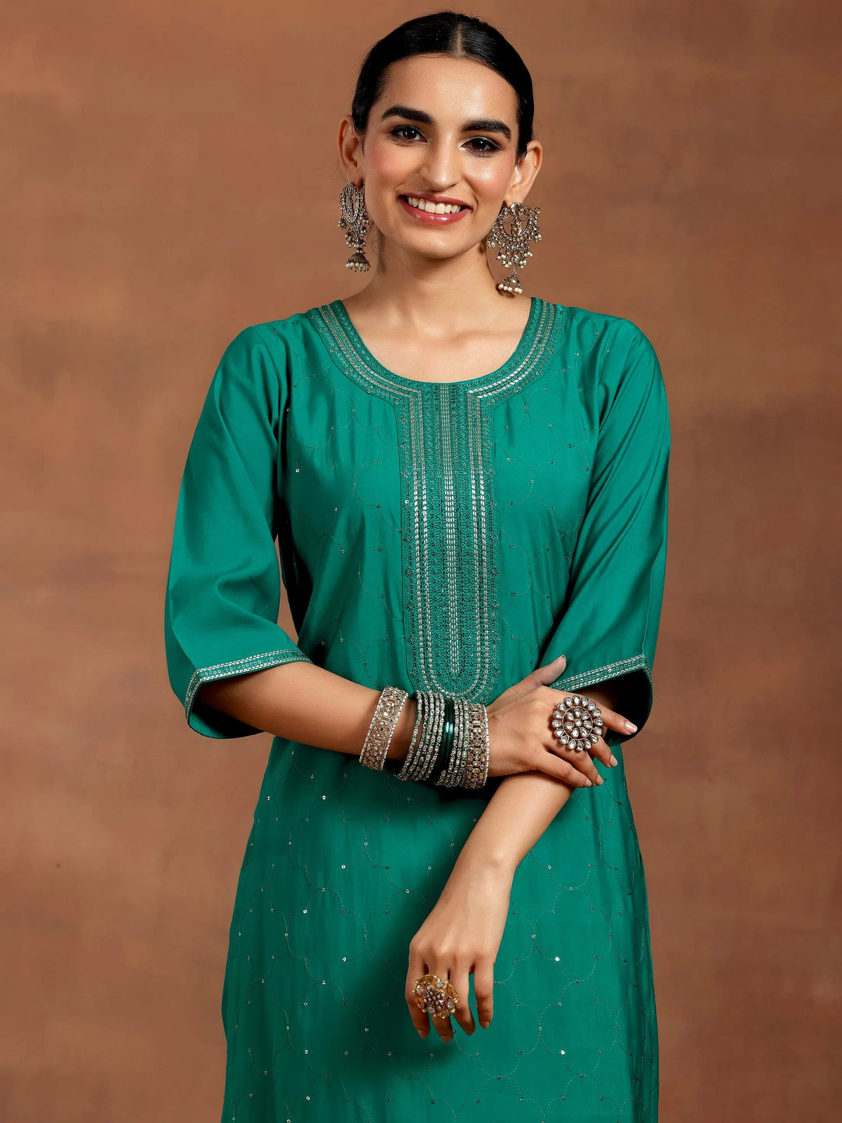 Anouk Rama Green Embellished Silk Blend Straight Suit With Dupatta