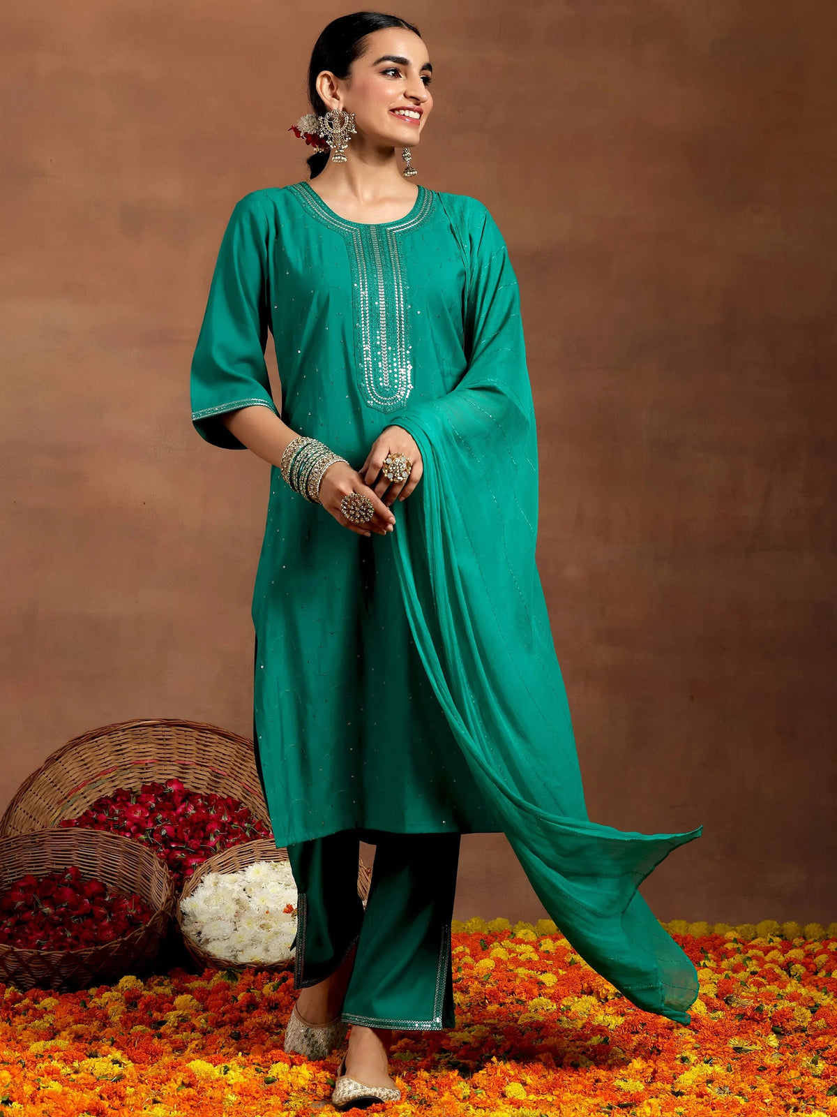 Anouk Rama Green Embellished Silk Blend Straight Suit With Dupatta