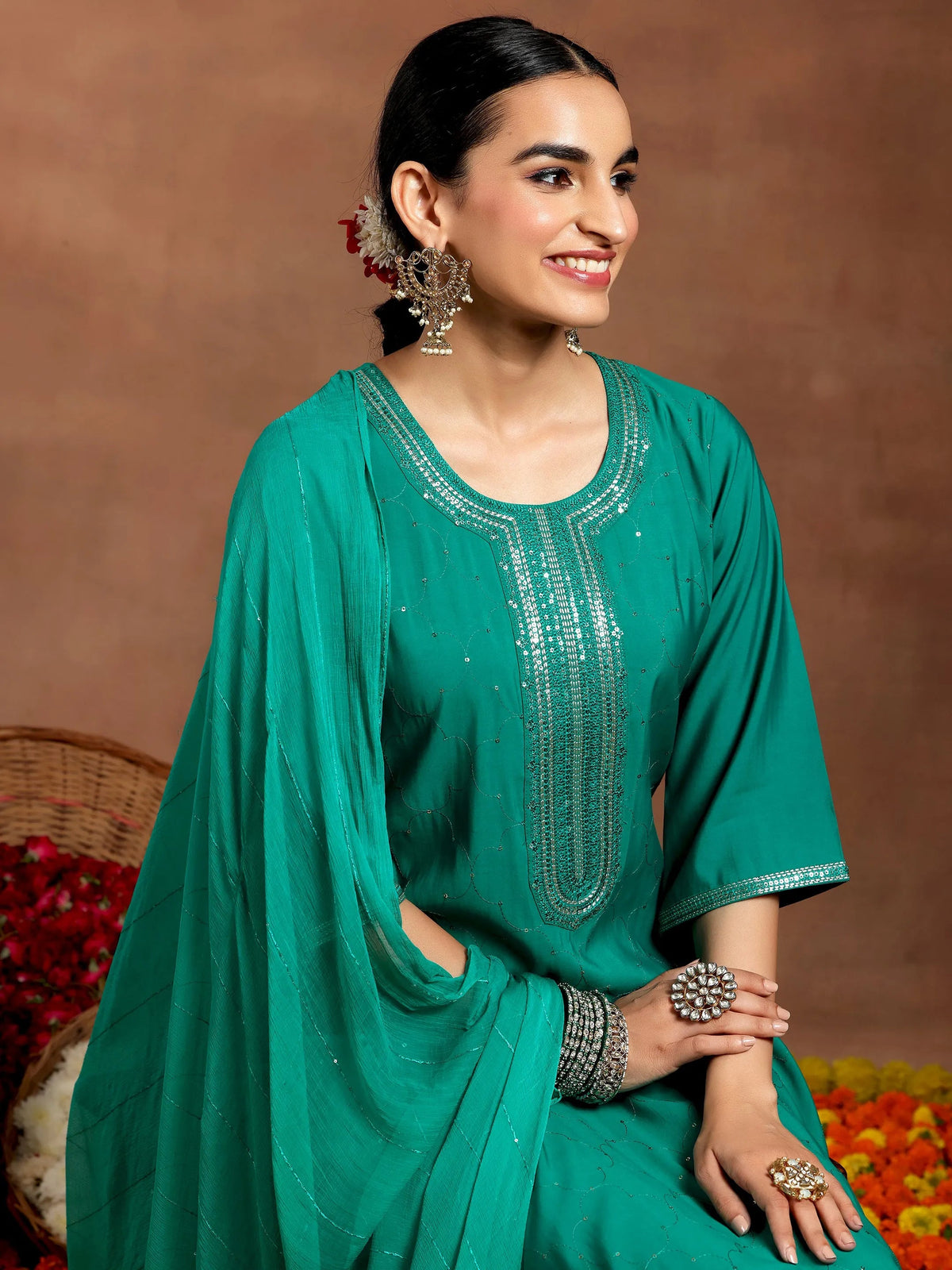 Anouk Rama Green Embellished Silk Blend Straight Suit With Dupatta