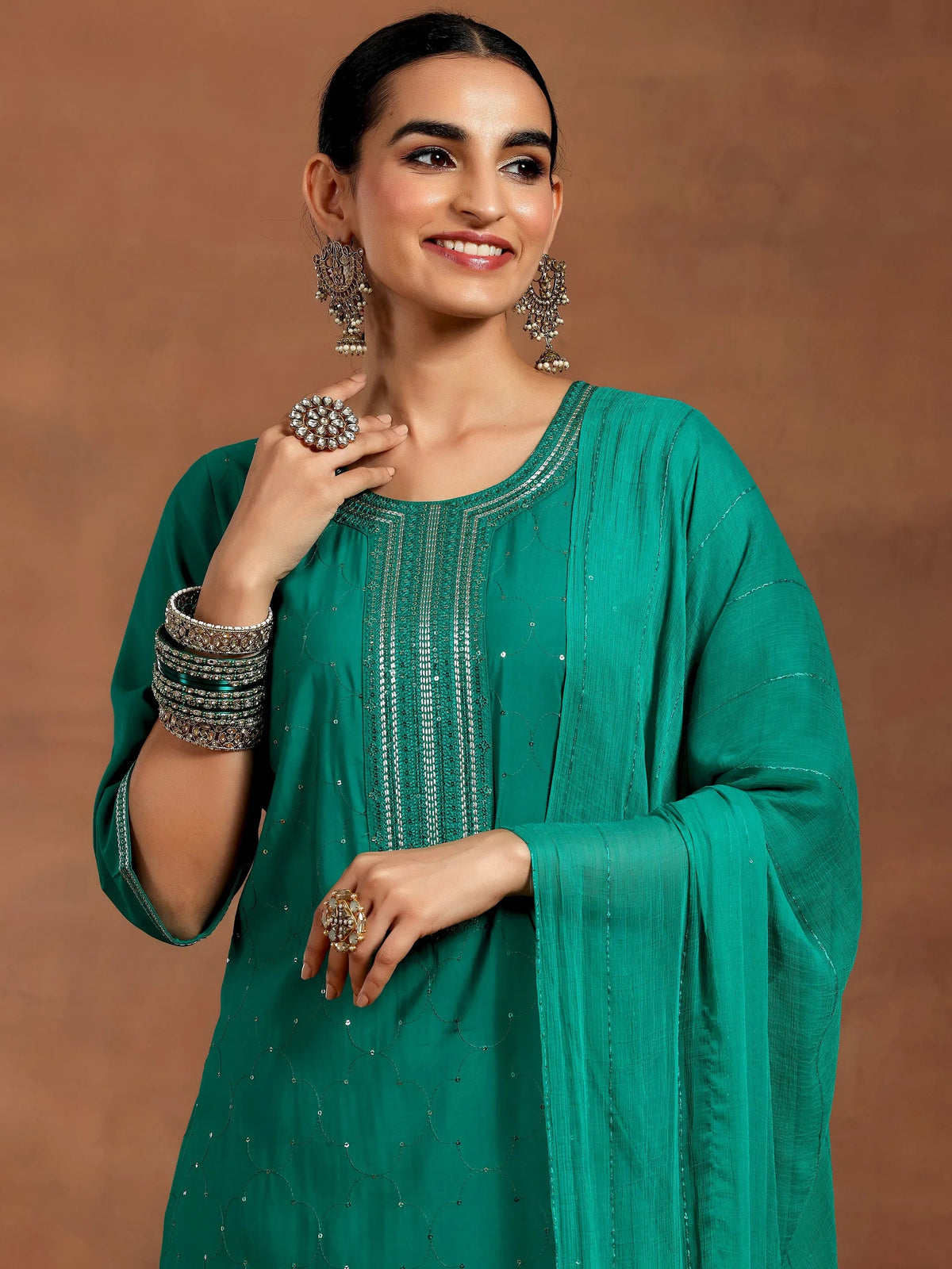 Anouk Rama Green Embellished Silk Blend Straight Suit With Dupatta