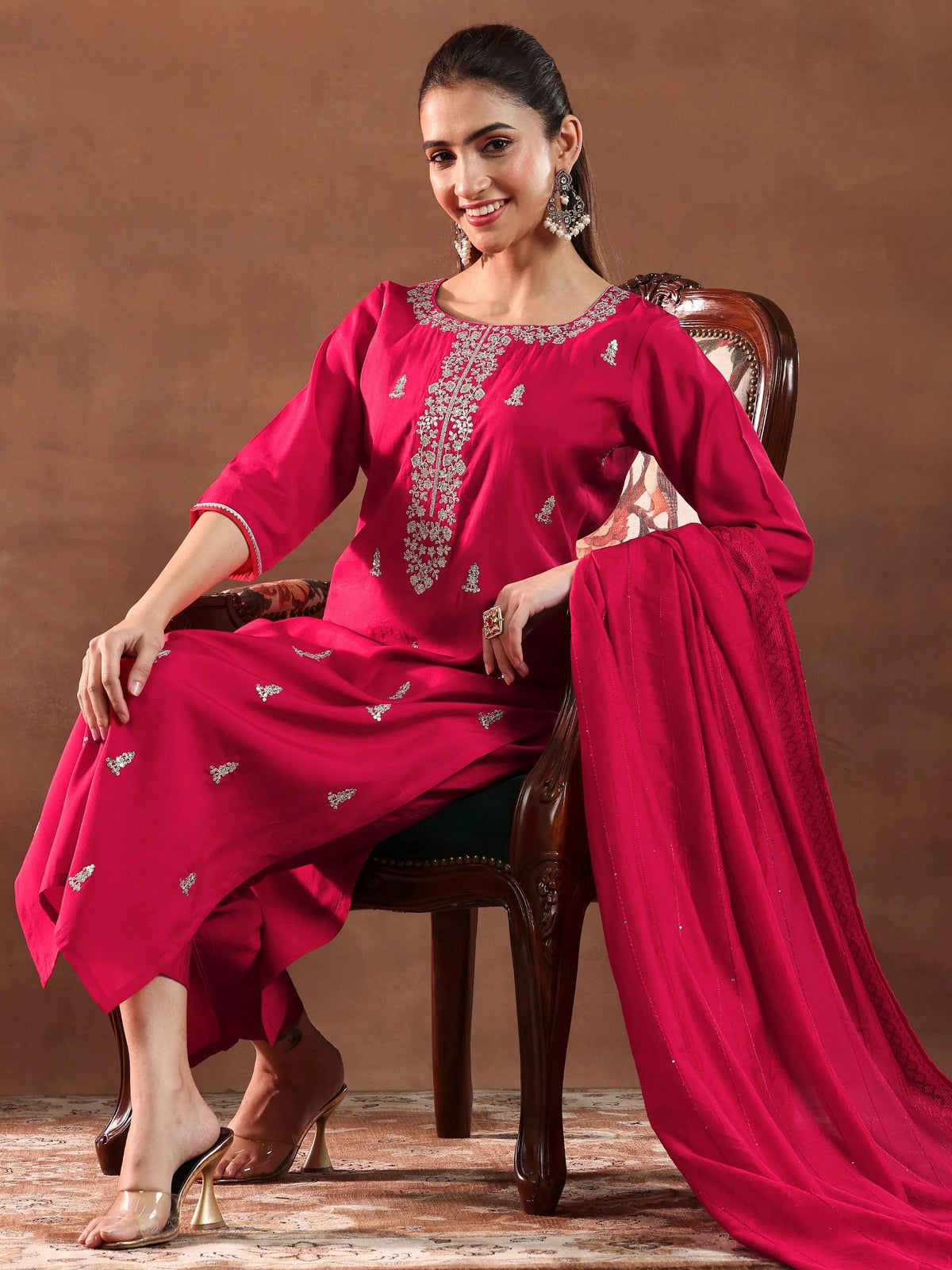 Anouk Red Embroidered Silk Blend Straight Suit With Dupatta-color issue