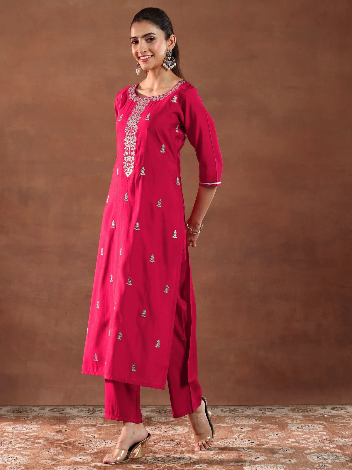 Anouk Red Embroidered Silk Blend Straight Suit With Dupatta-color issue