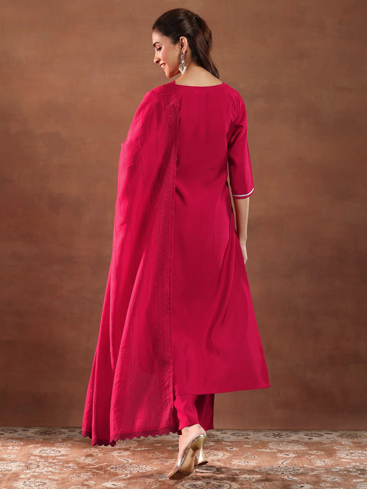 Anouk Red Embroidered Silk Blend Straight Suit With Dupatta-color issue