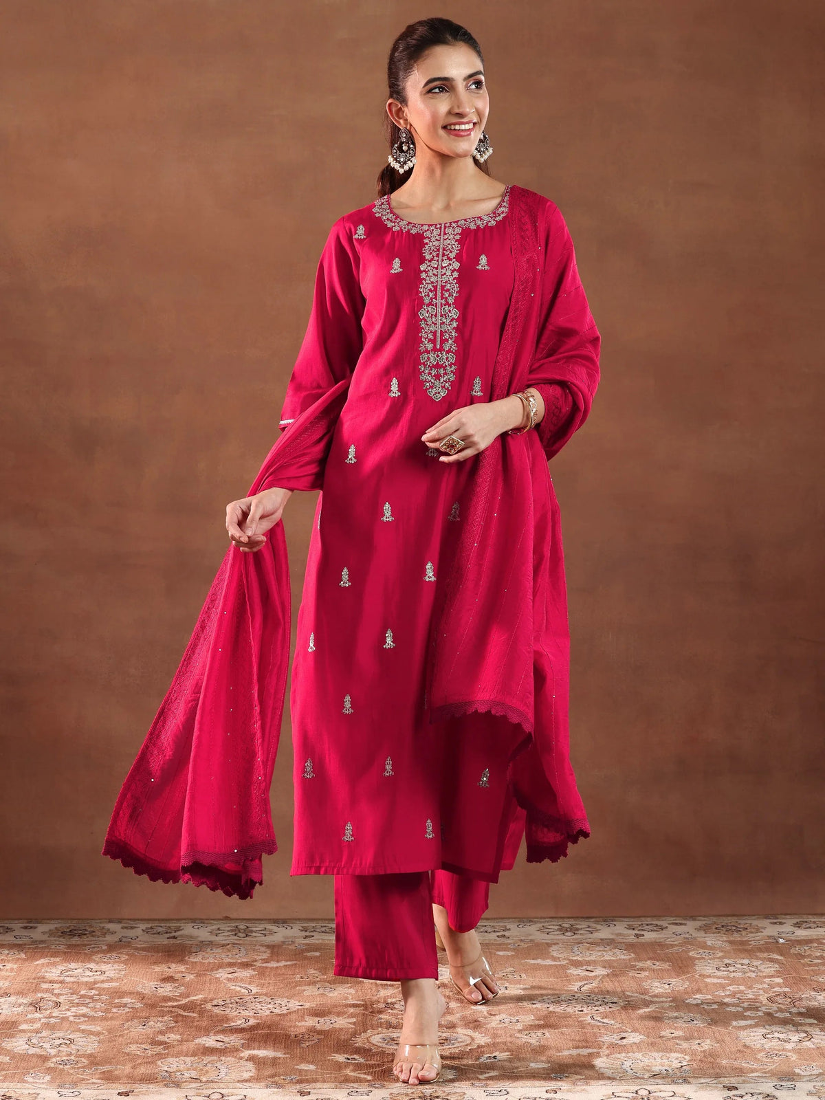 Anouk Red Embroidered Silk Blend Straight Suit With Dupatta-color issue