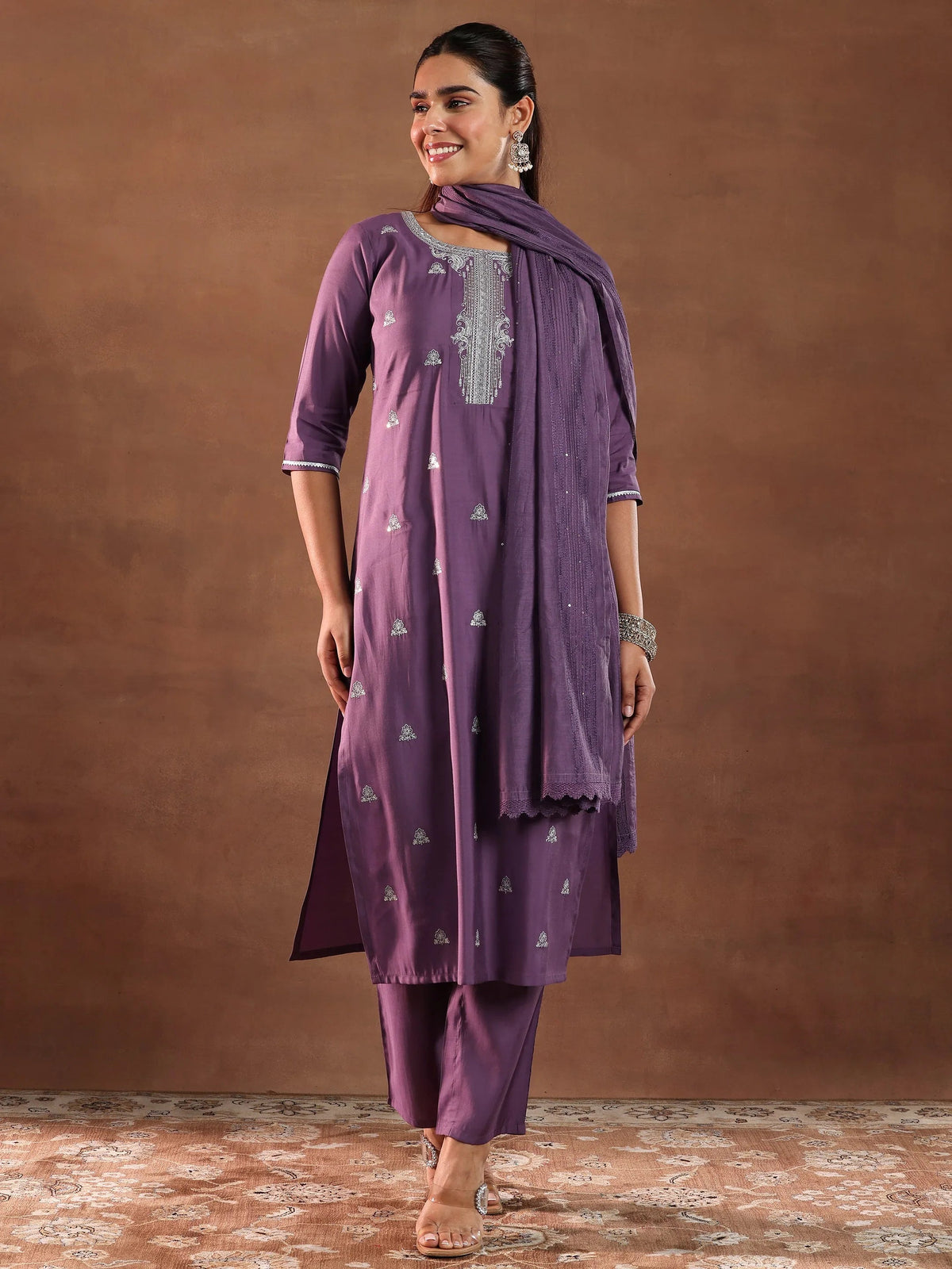 Anouk Mauve Embroidered Silk Blend Straight Suit With Dupatta
