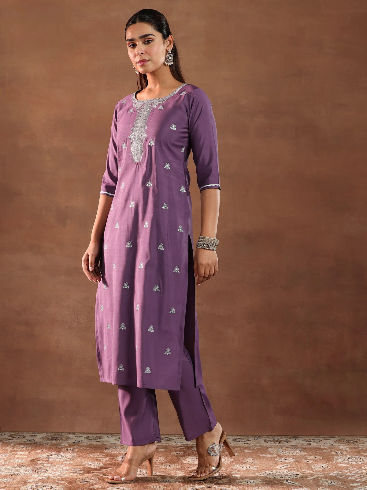 Anouk Mauve Embroidered Silk Blend Straight Suit With Dupatta