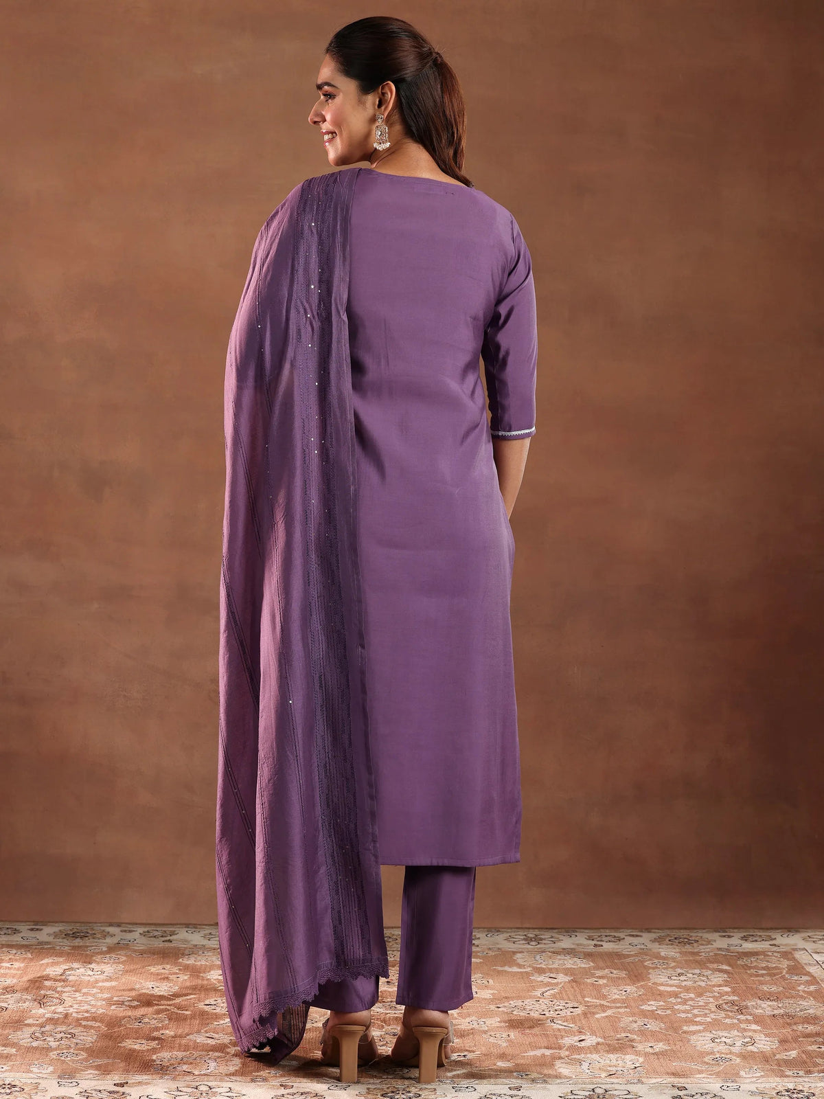 Anouk Mauve Embroidered Silk Blend Straight Suit With Dupatta