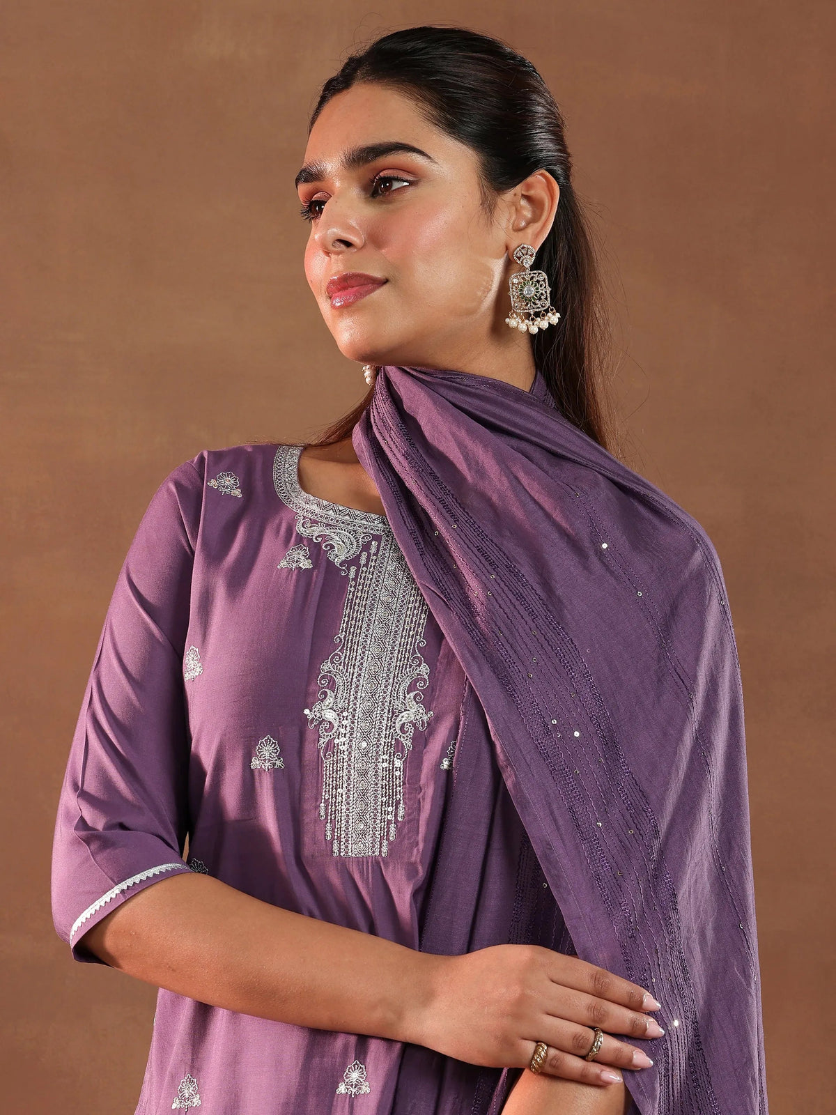Anouk Mauve Embroidered Silk Blend Straight Suit With Dupatta