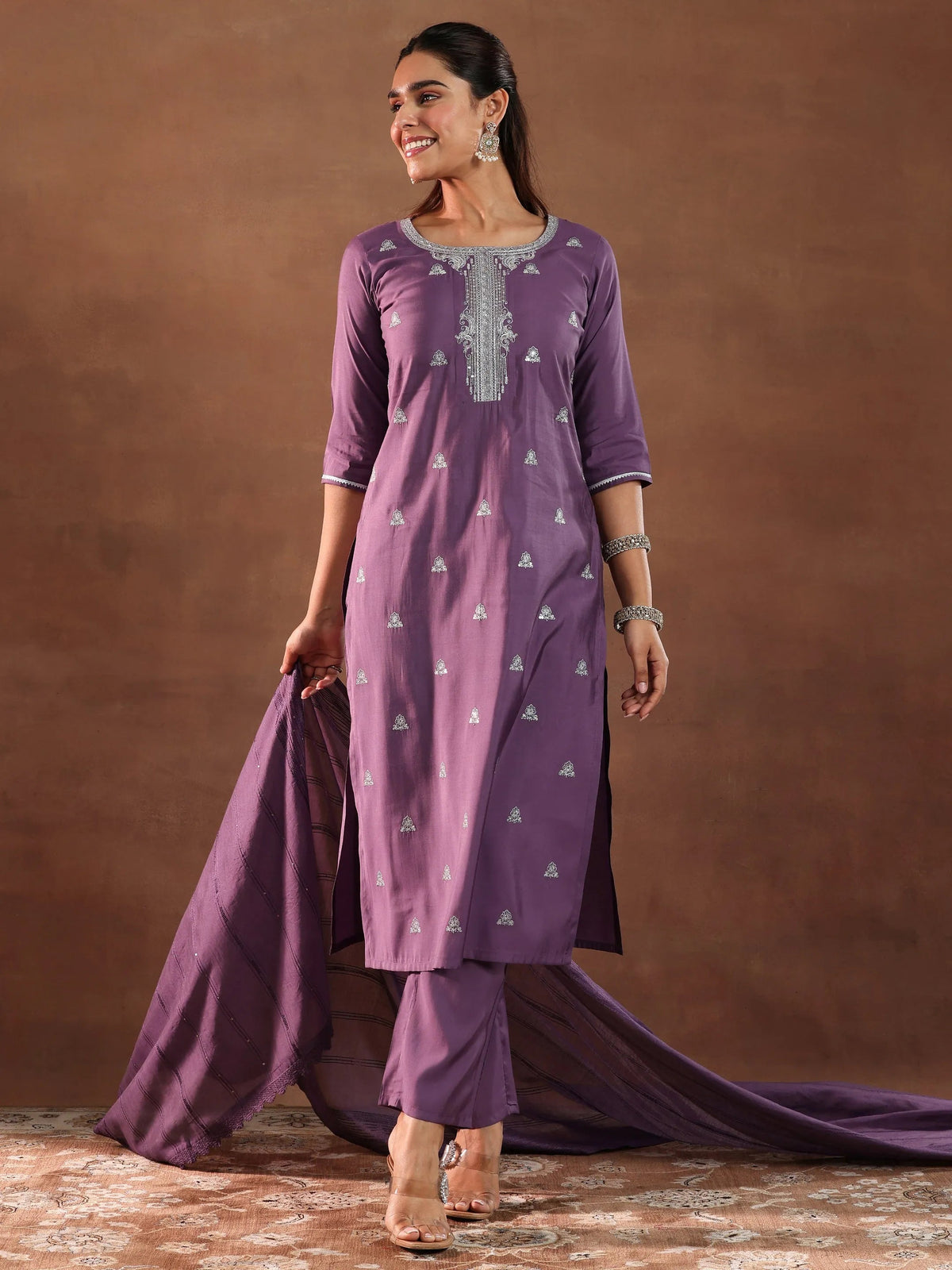 Anouk Mauve Embroidered Silk Blend Straight Suit With Dupatta