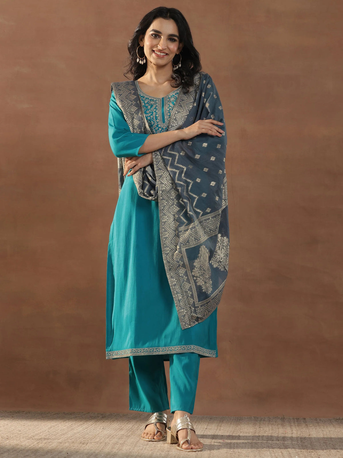 Anouk Blue Yoke Design Silk Blend Straight Suit Set With Dupatta