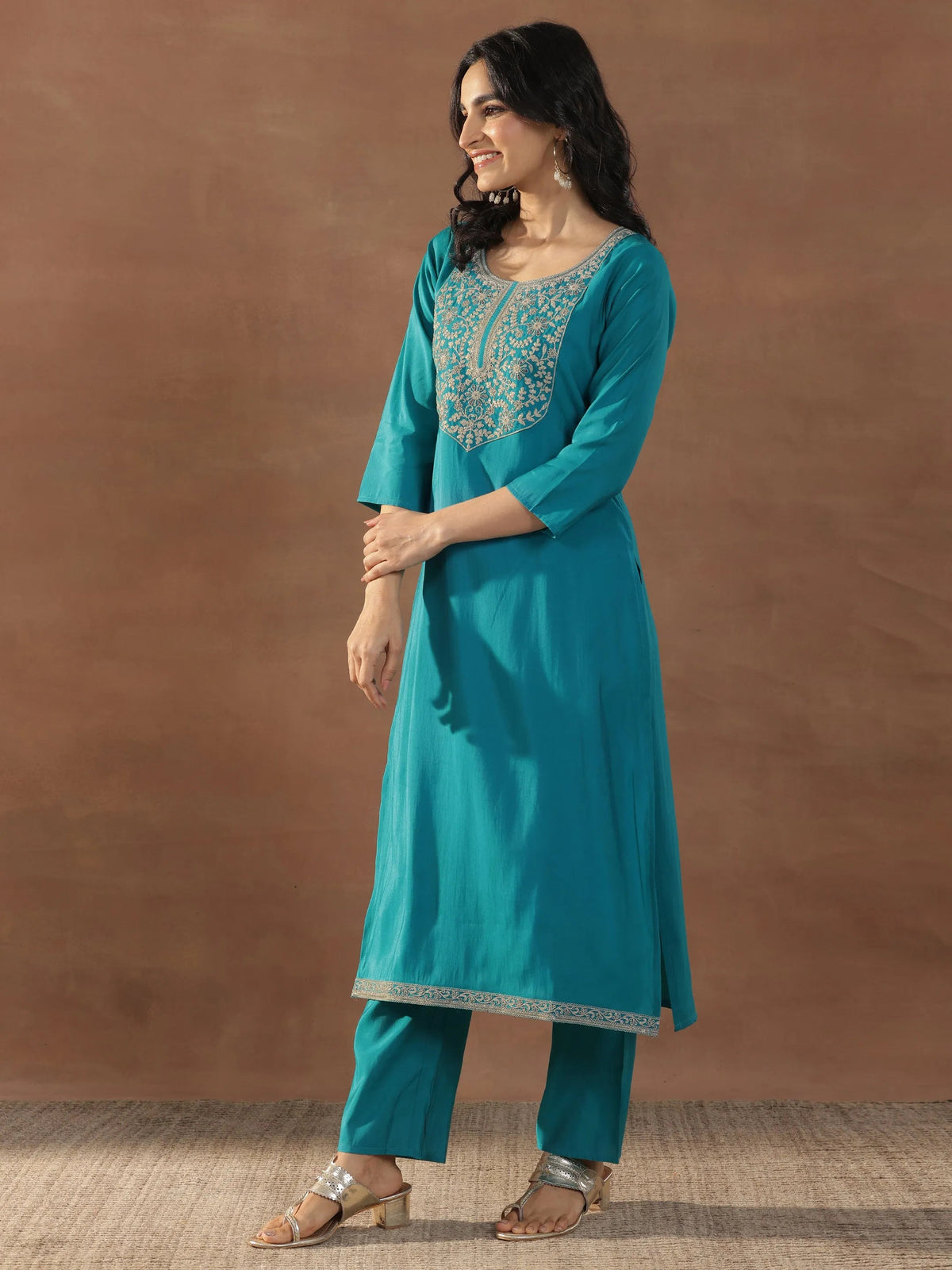 Anouk Blue Yoke Design Silk Blend Straight Suit Set With Dupatta
