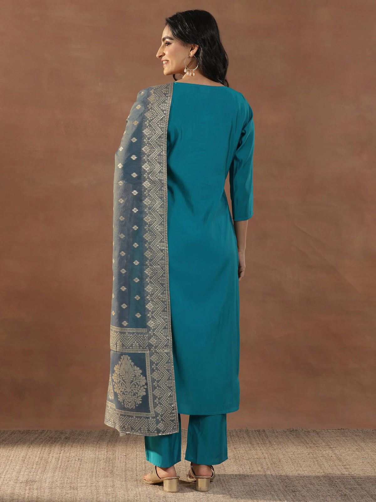 Anouk Blue Yoke Design Silk Blend Straight Suit Set With Dupatta