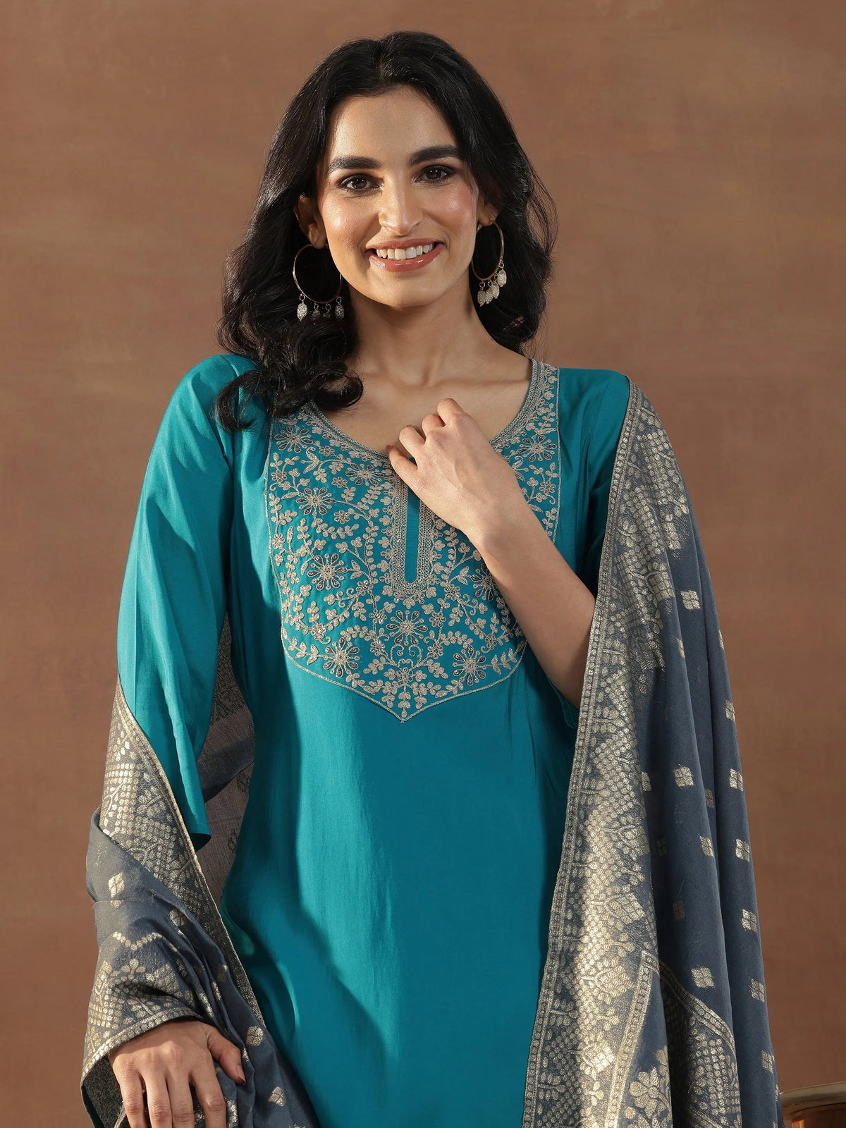 Anouk Blue Yoke Design Silk Blend Straight Suit Set With Dupatta