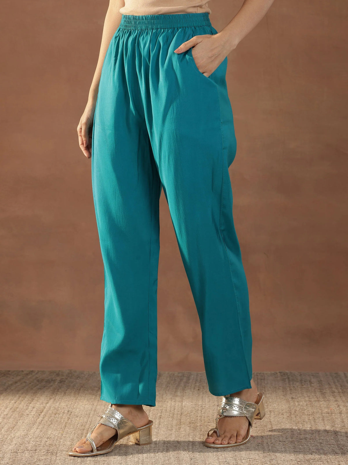Anouk Blue Yoke Design Silk Blend Straight Suit Set With Dupatta