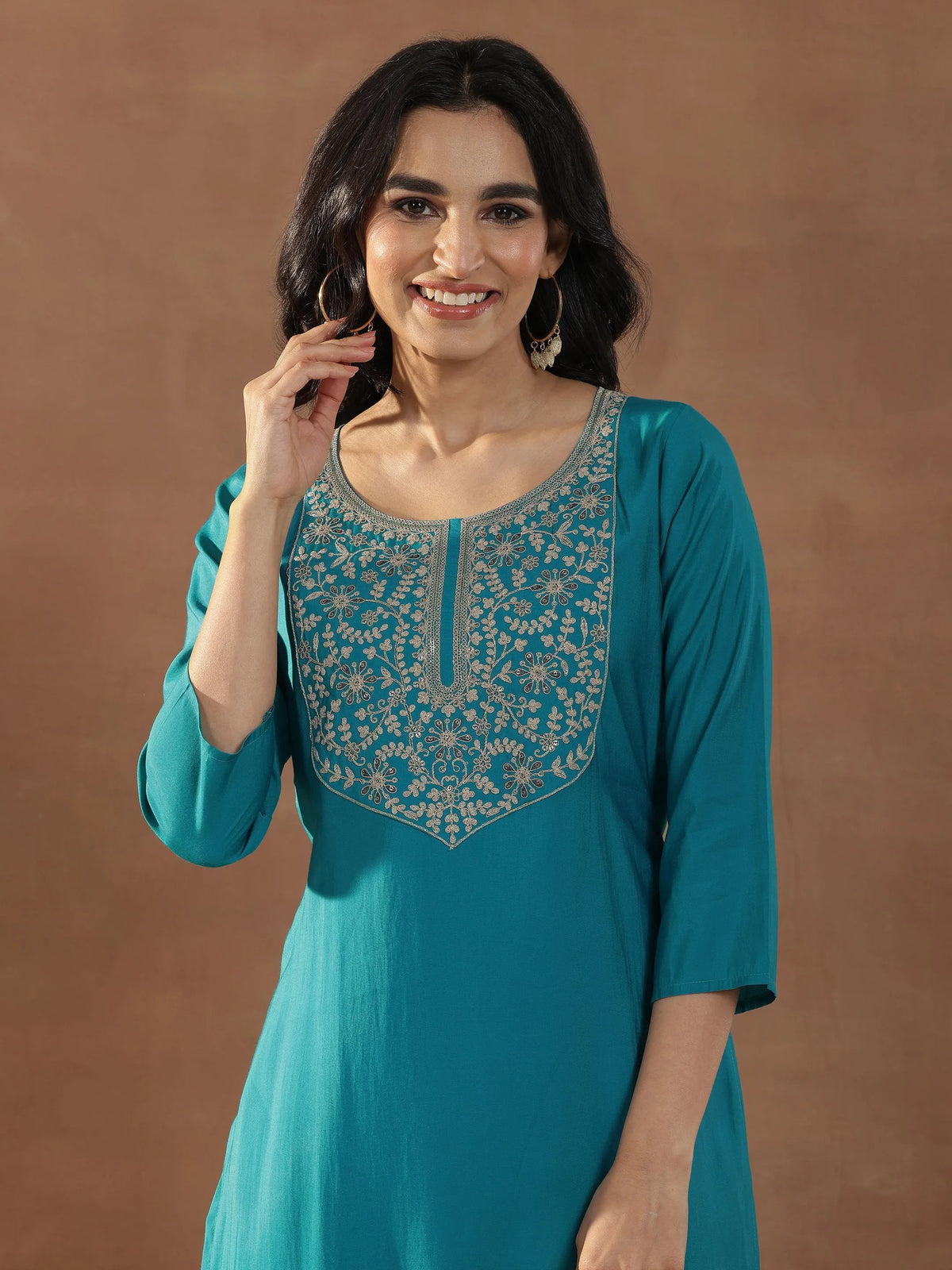Anouk Blue Yoke Design Silk Blend Straight Suit Set With Dupatta