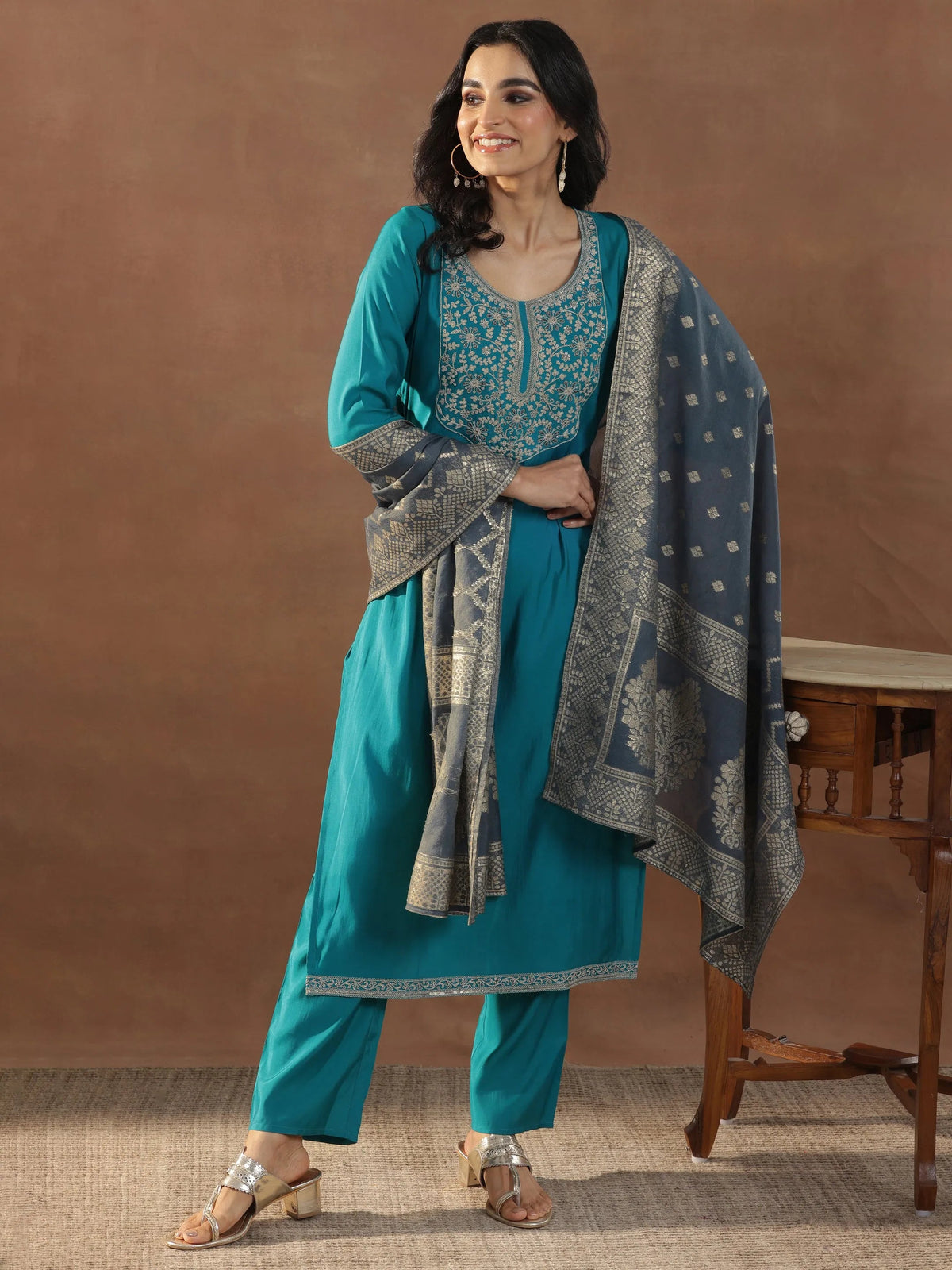 Anouk Blue Yoke Design Silk Blend Straight Suit Set With Dupatta