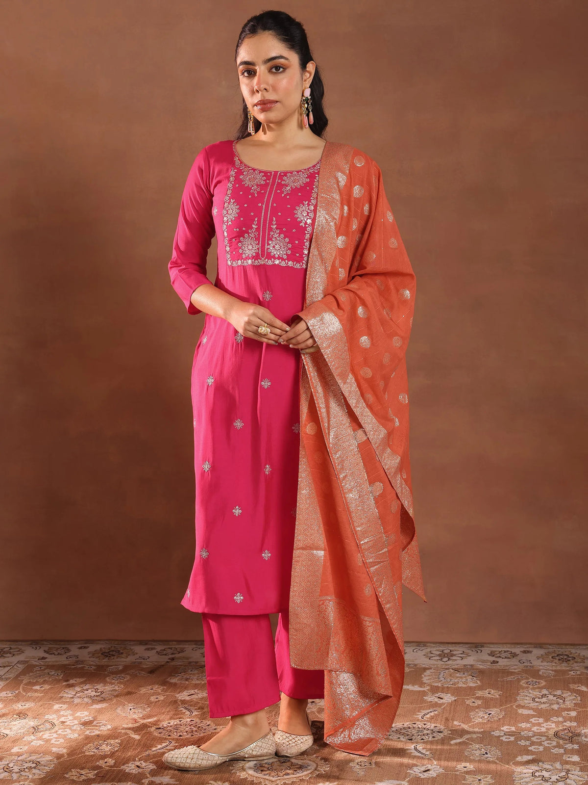 Anouk Pink Embroidered Silk Blend Straight Suit With Dupatta