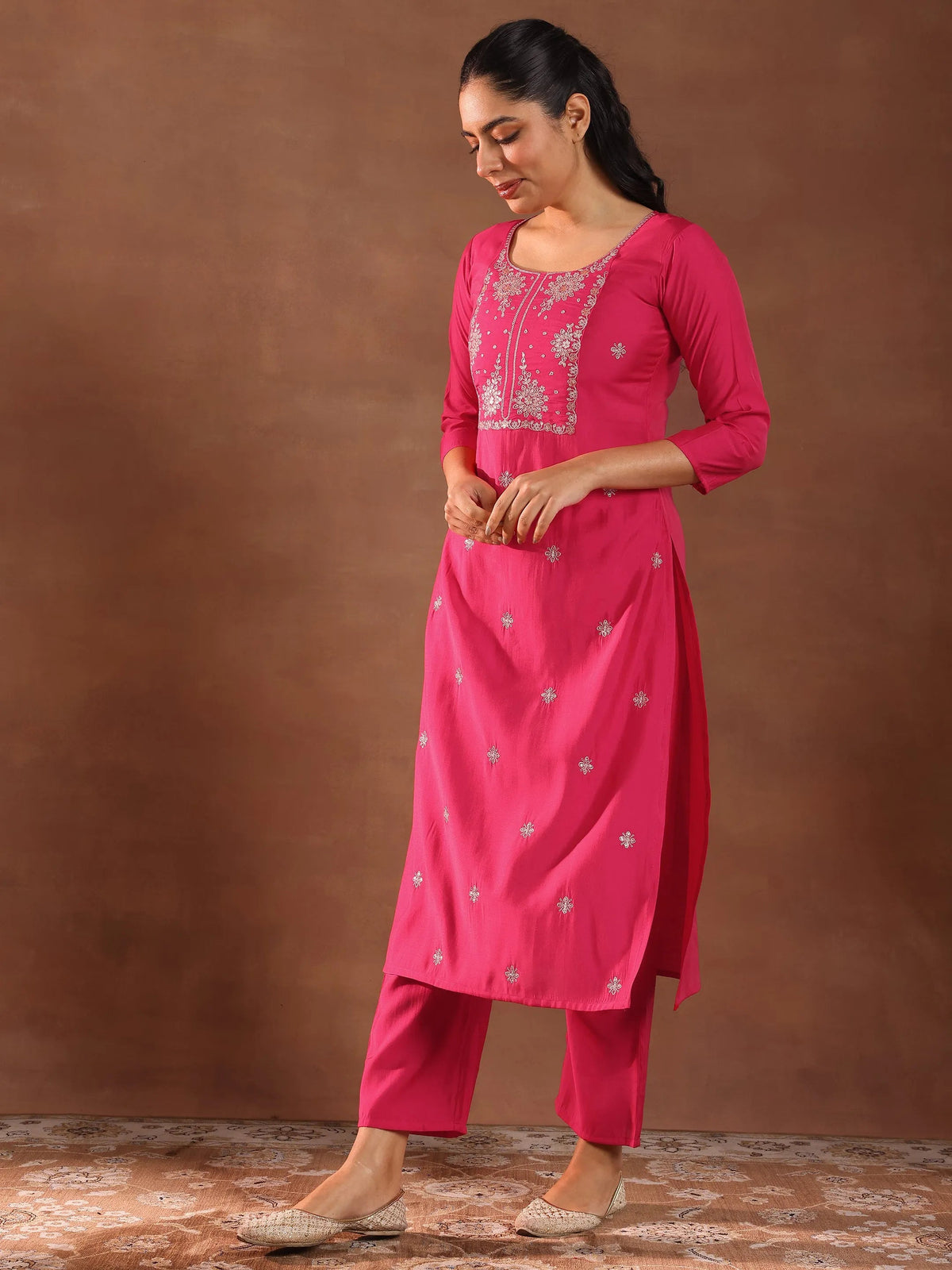 Anouk Pink Embroidered Silk Blend Straight Suit With Dupatta