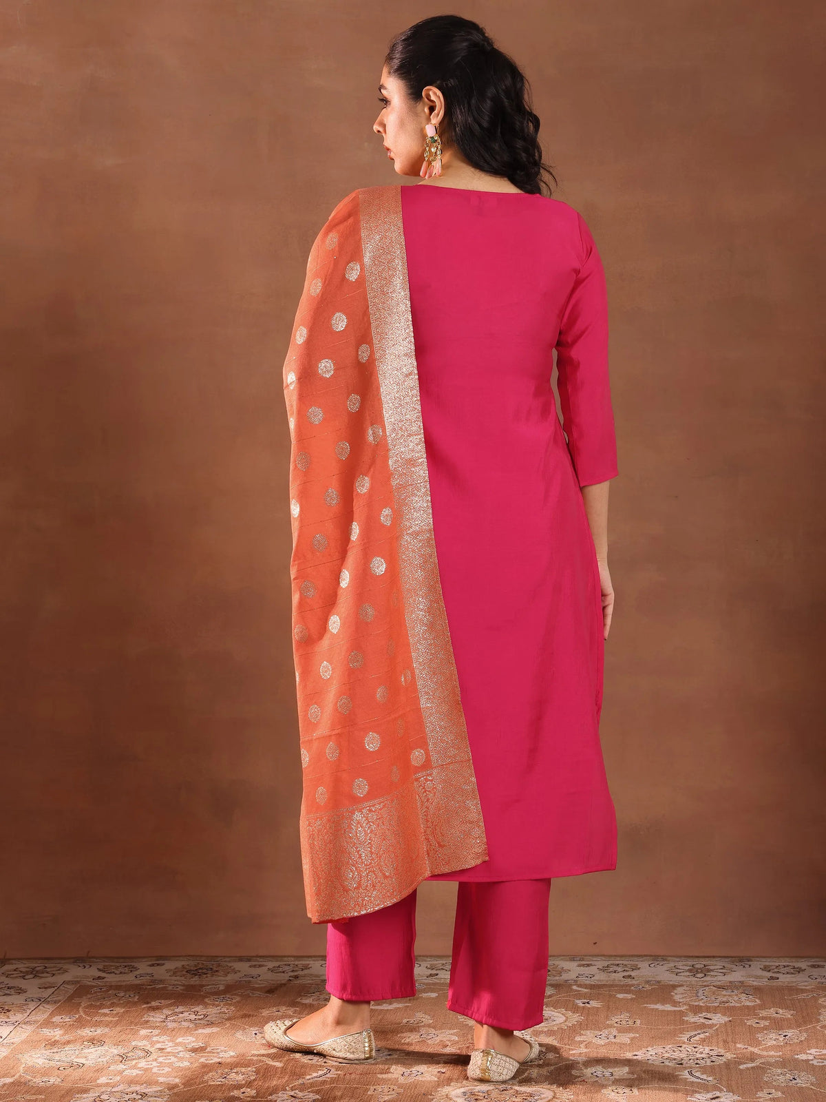 Anouk Pink Embroidered Silk Blend Straight Suit With Dupatta