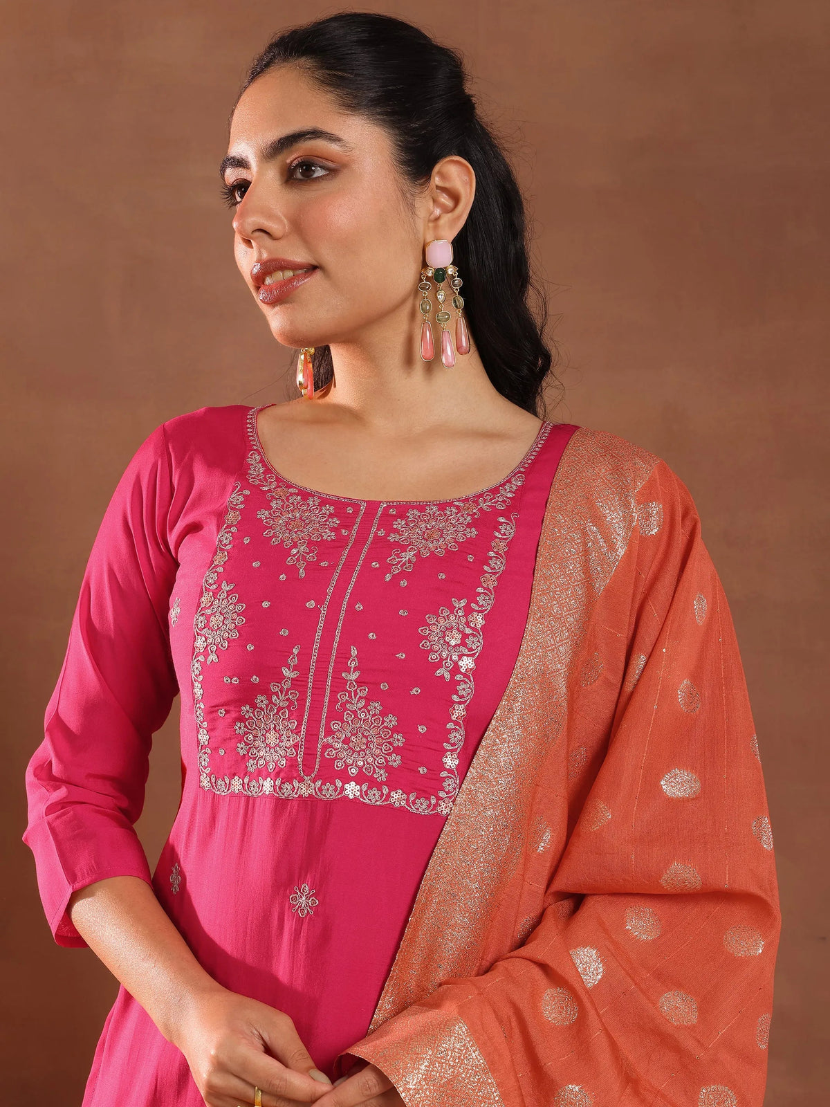 Anouk Pink Embroidered Silk Blend Straight Suit With Dupatta