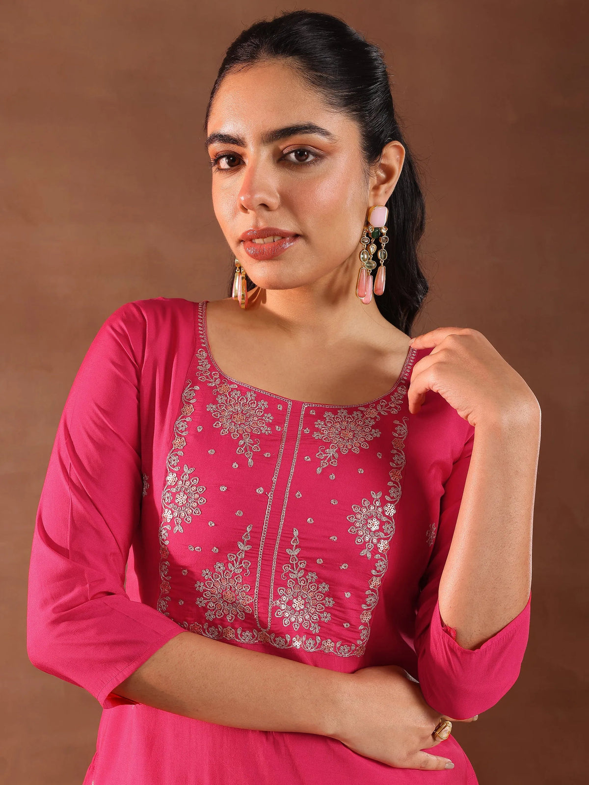 Anouk Pink Embroidered Silk Blend Straight Suit With Dupatta