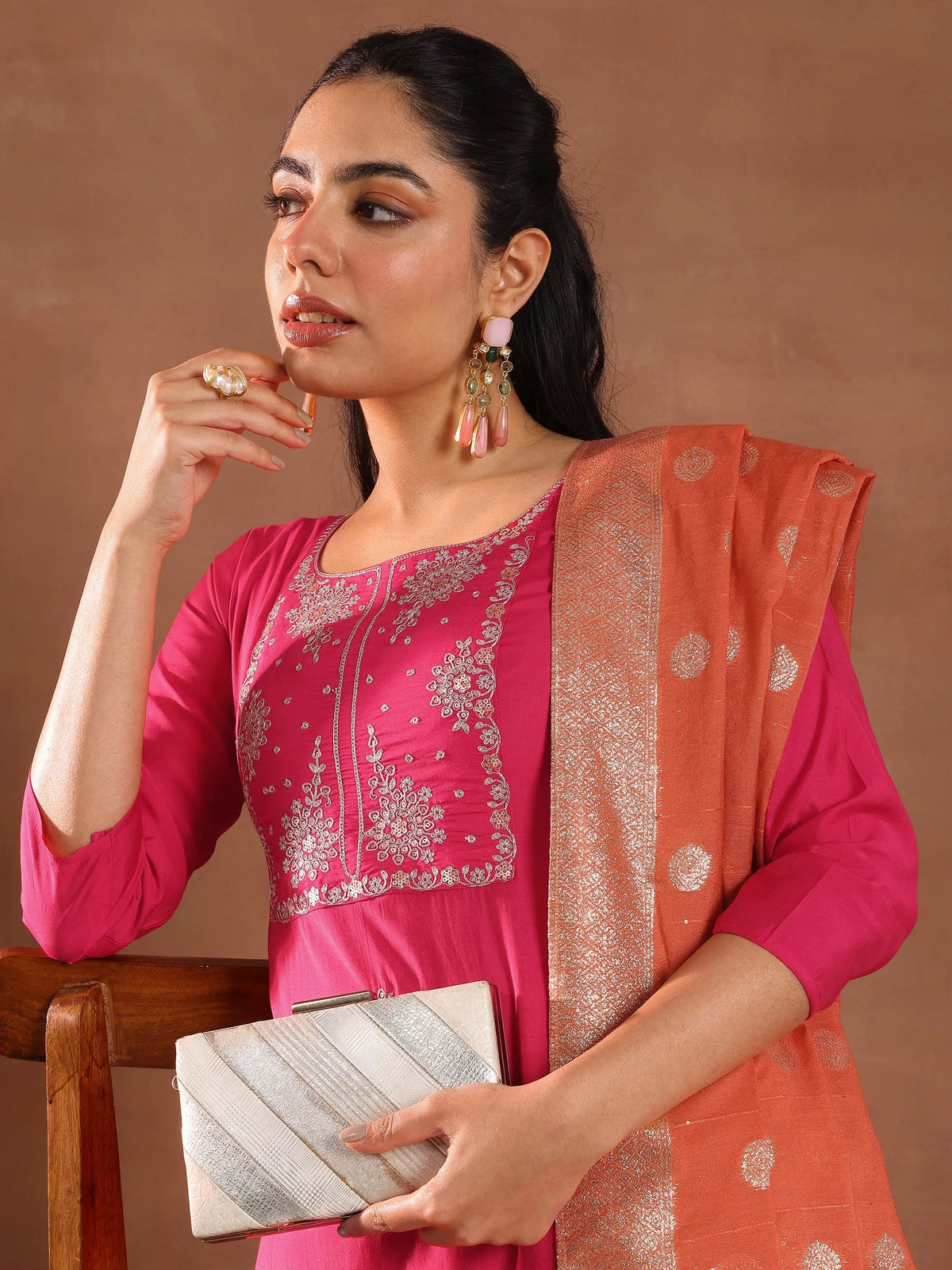 Anouk Pink Embroidered Silk Blend Straight Suit With Dupatta