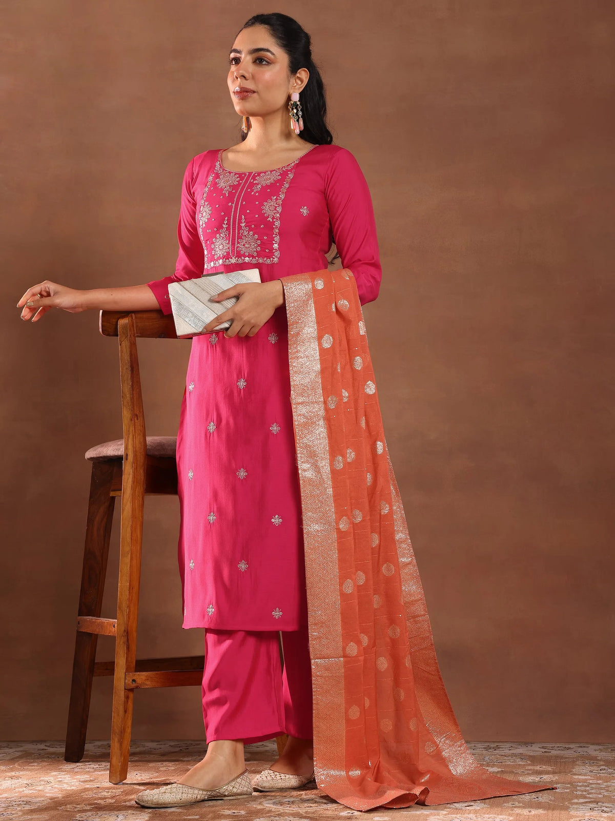 Anouk Pink Embroidered Silk Blend Straight Suit With Dupatta