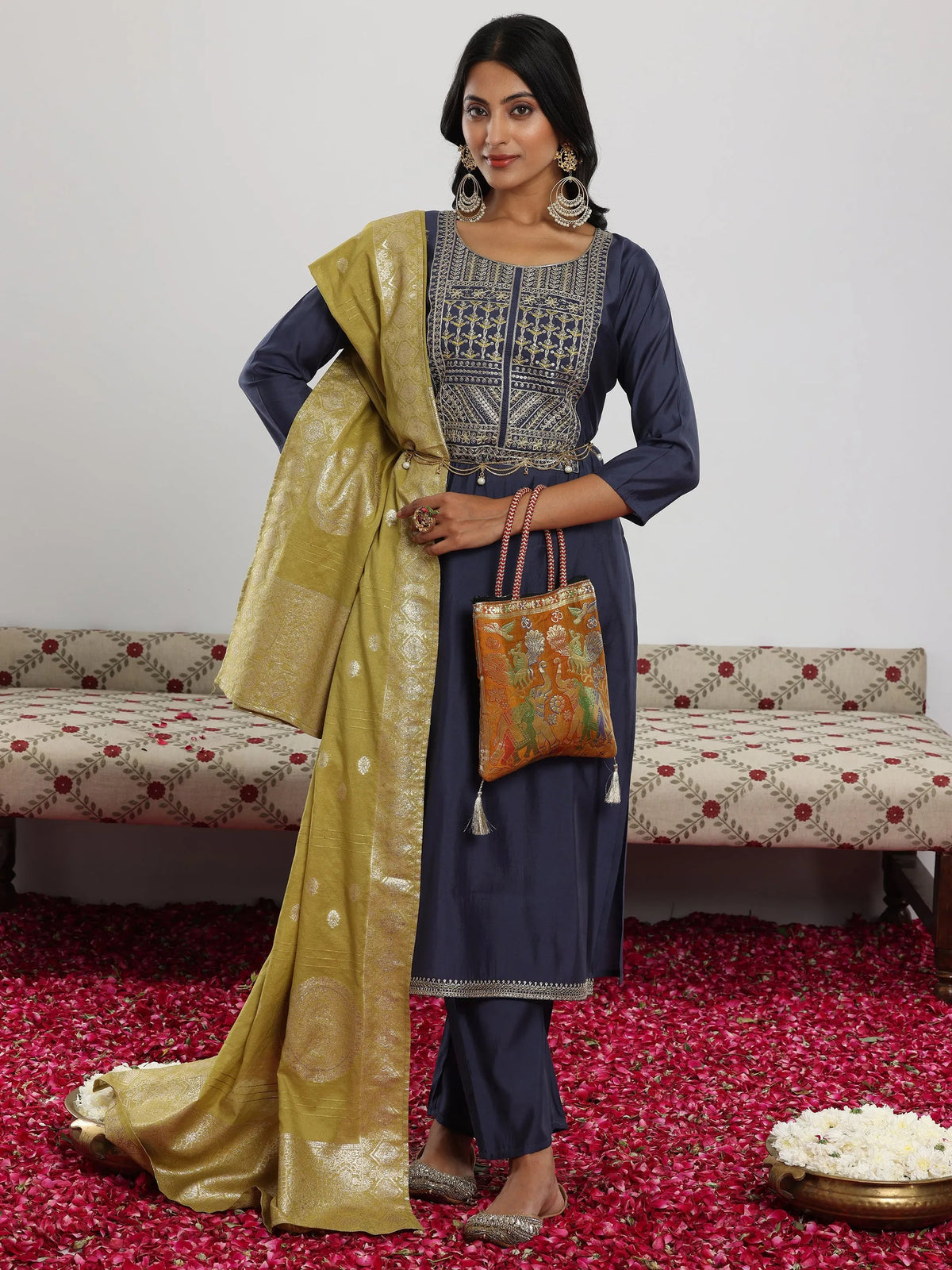 Anouk Blue Yoke Design Silk Blend Straight Suit With Dupatta