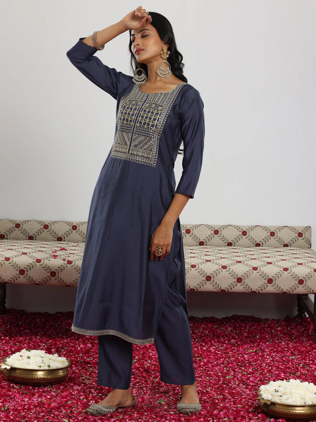 Anouk Blue Yoke Design Silk Blend Straight Suit With Dupatta