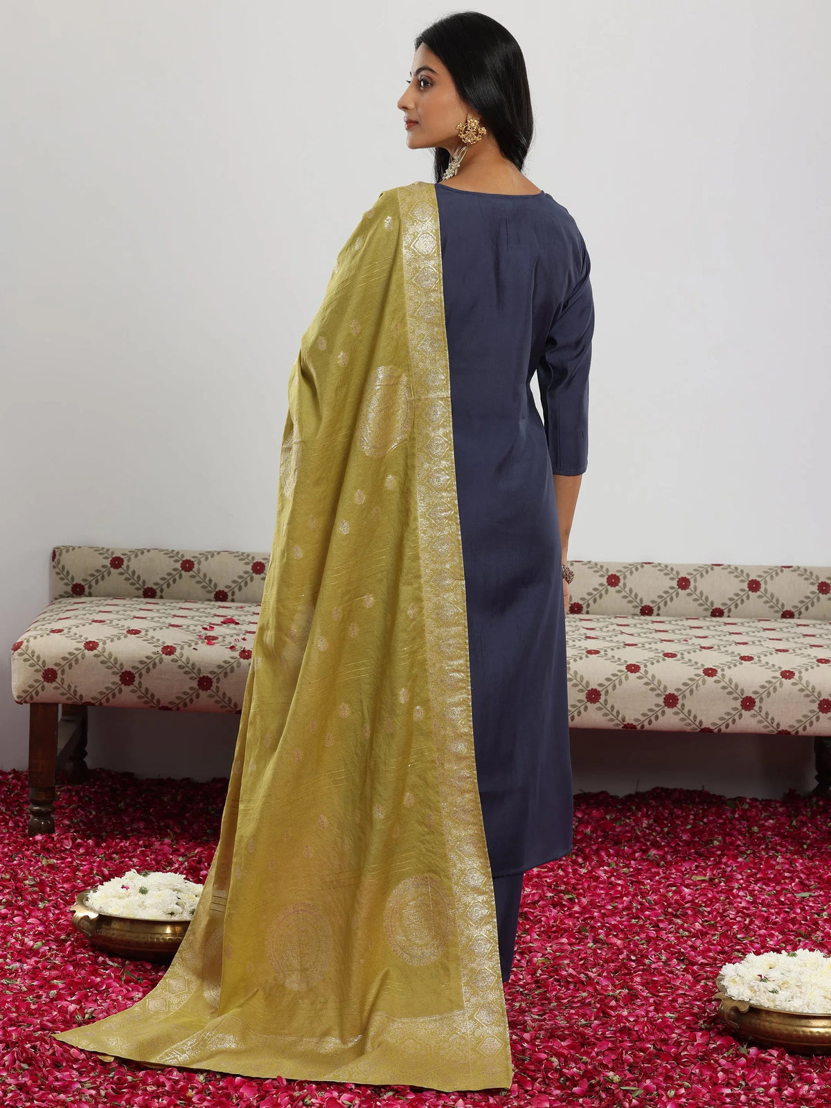 Anouk Blue Yoke Design Silk Blend Straight Suit With Dupatta