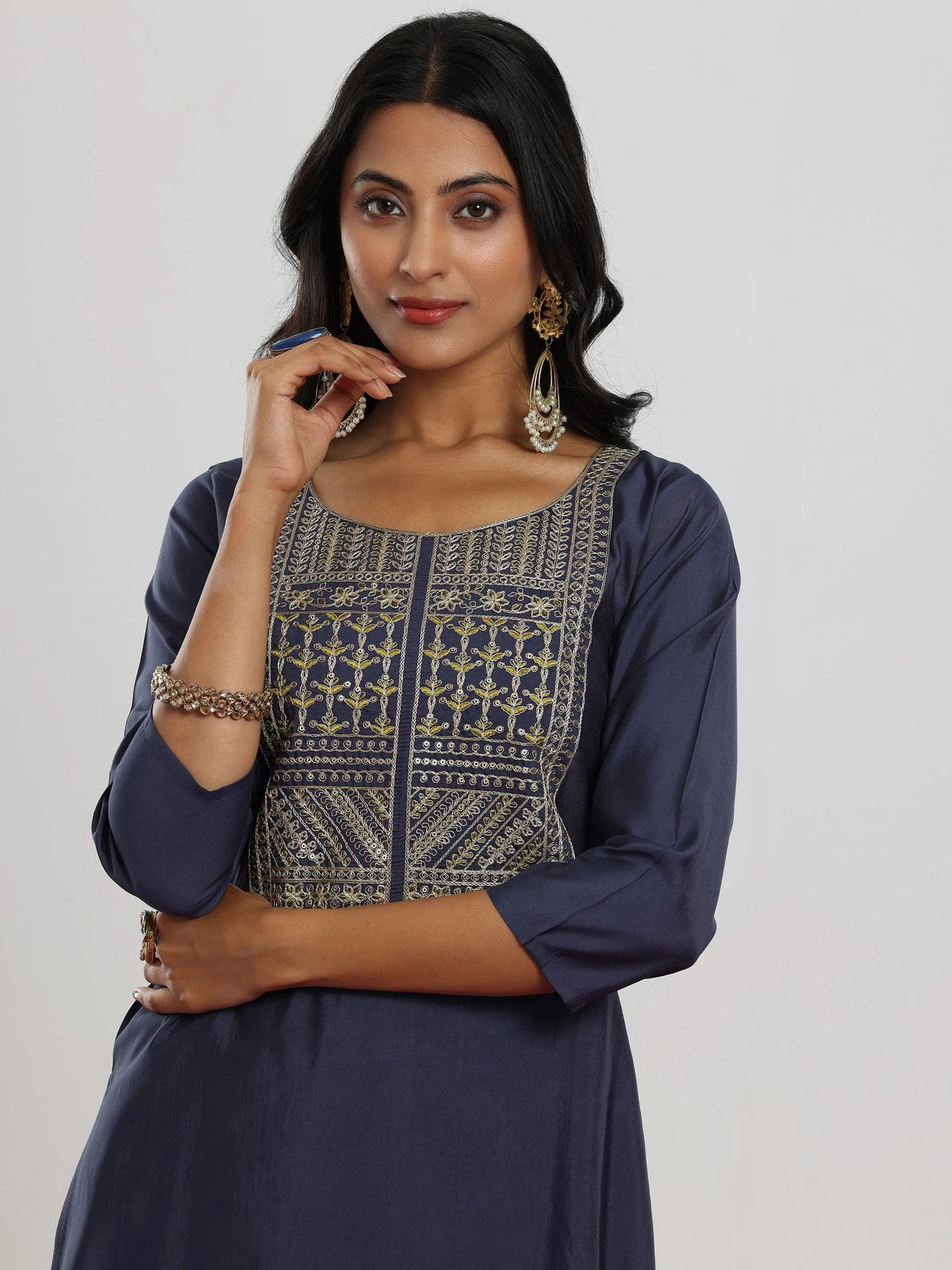 Anouk Blue Yoke Design Silk Blend Straight Suit With Dupatta