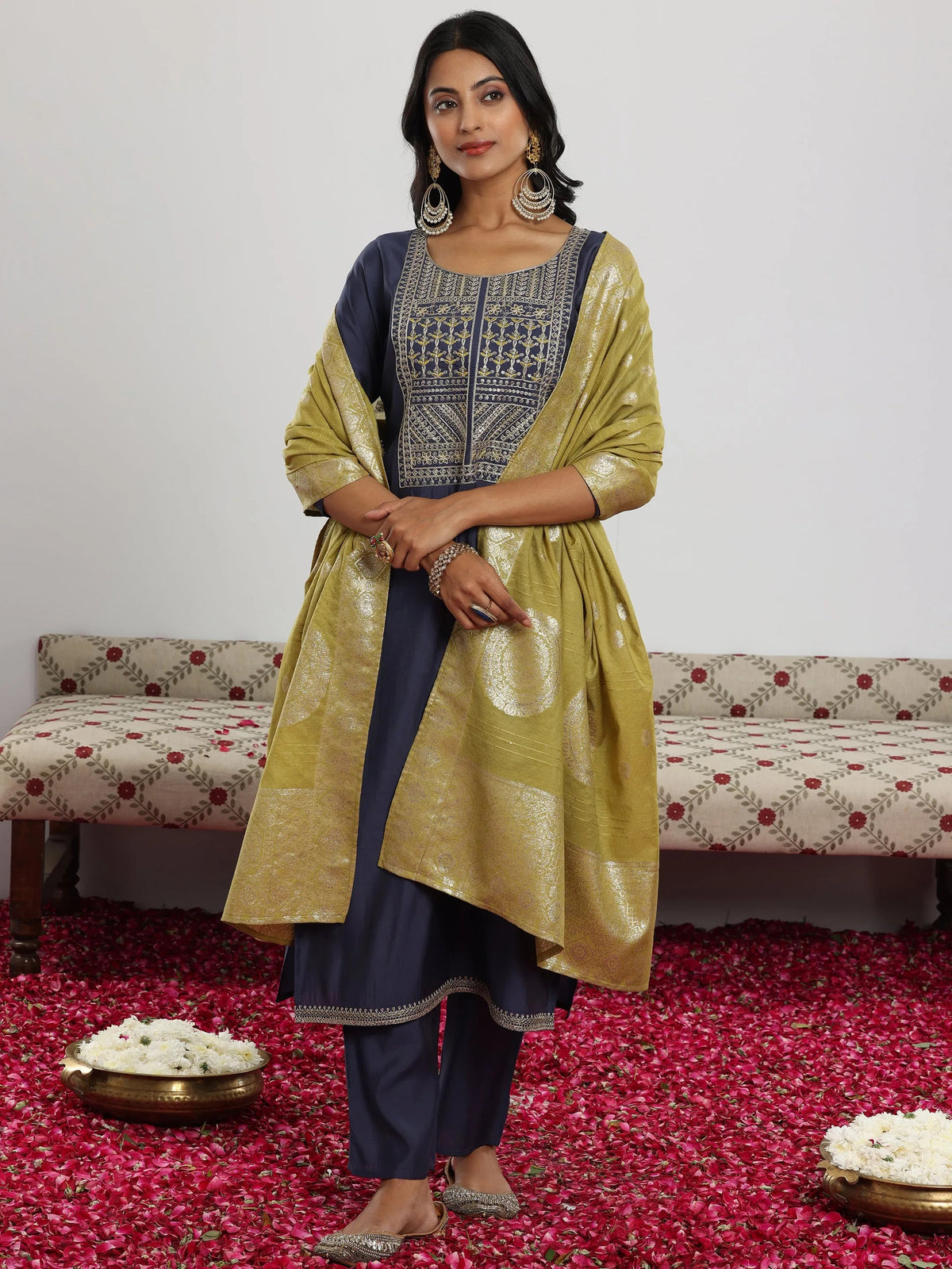 Anouk Blue Yoke Design Silk Blend Straight Suit With Dupatta